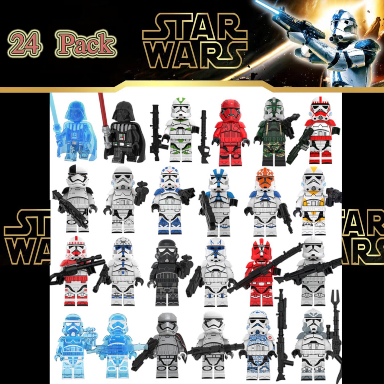 24 Pcs Star Wars Figures Building Blocks Toys Set, 1.77 Inch Iron Fist Army Transparent Stormtroopers Jesse, Birthday Gift for Kids Fans of Star Wars Building Toys Ganavi