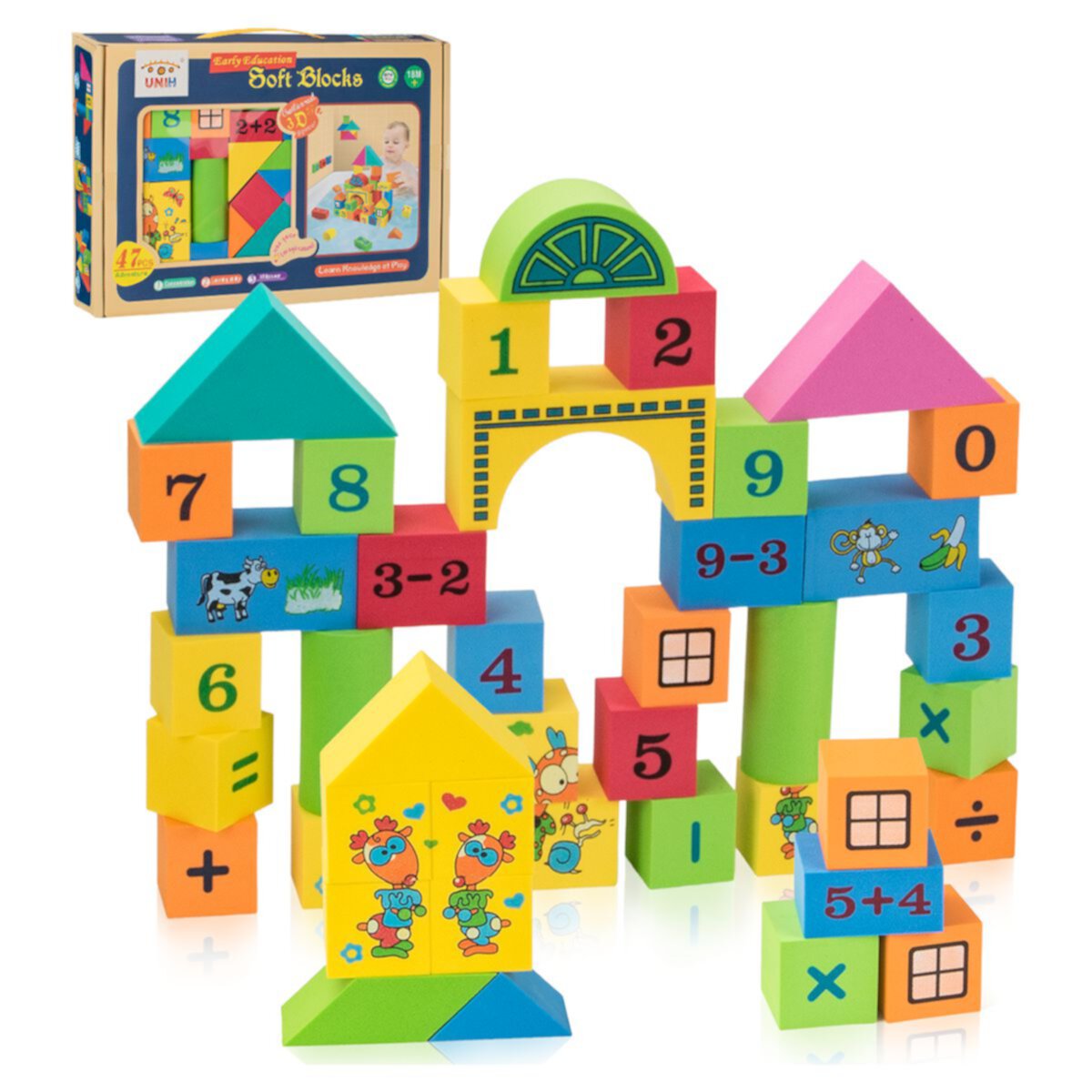 UNIH Construction soft Blocks Toys for Toddlers, EVA Foam Blocks with Alphabet and Number for Toddlers 1 2 3 Year Old UNIH