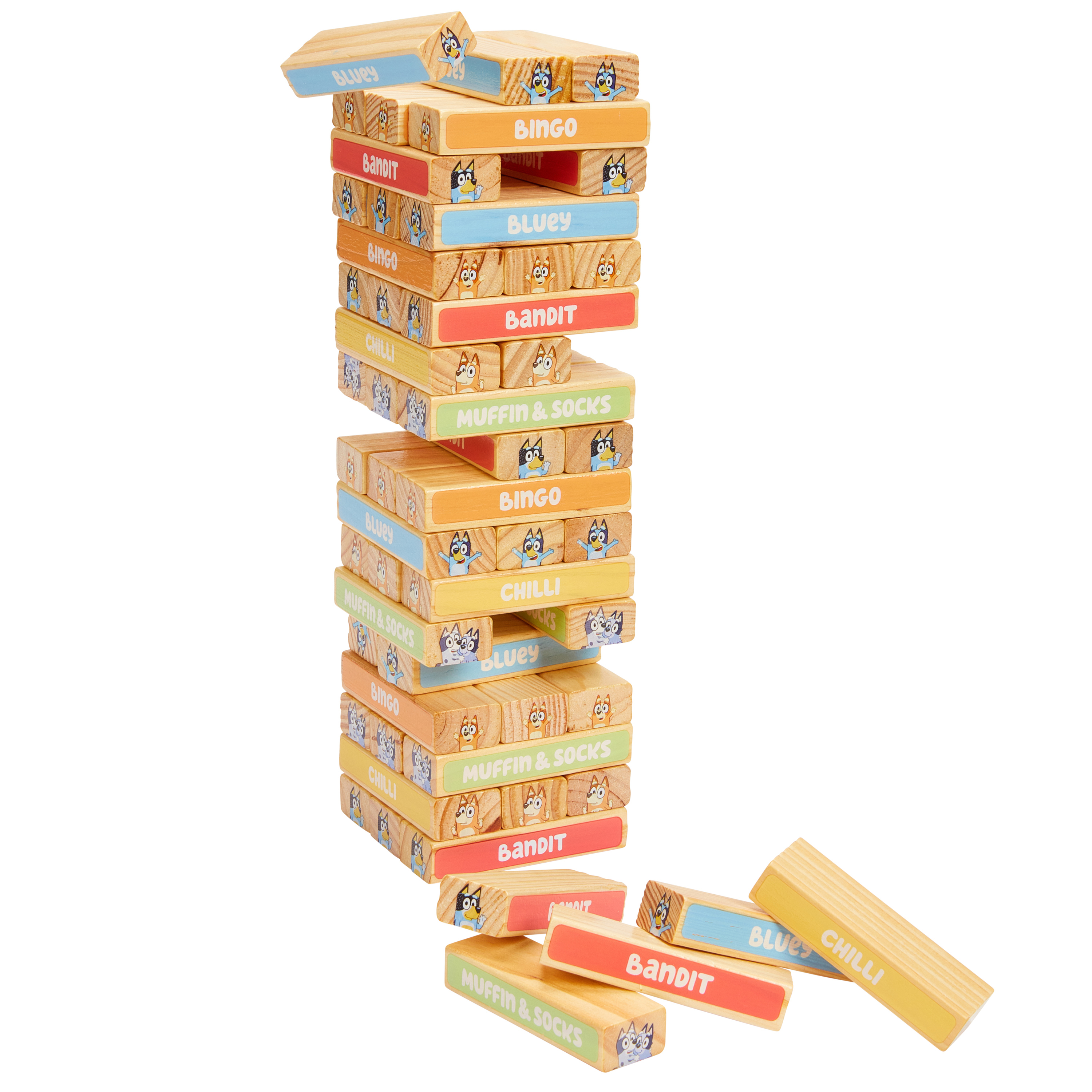 Bluey Tumbling Tower 54 High-Quality colorful Wooden Blocks, Ages 3+ Bluey