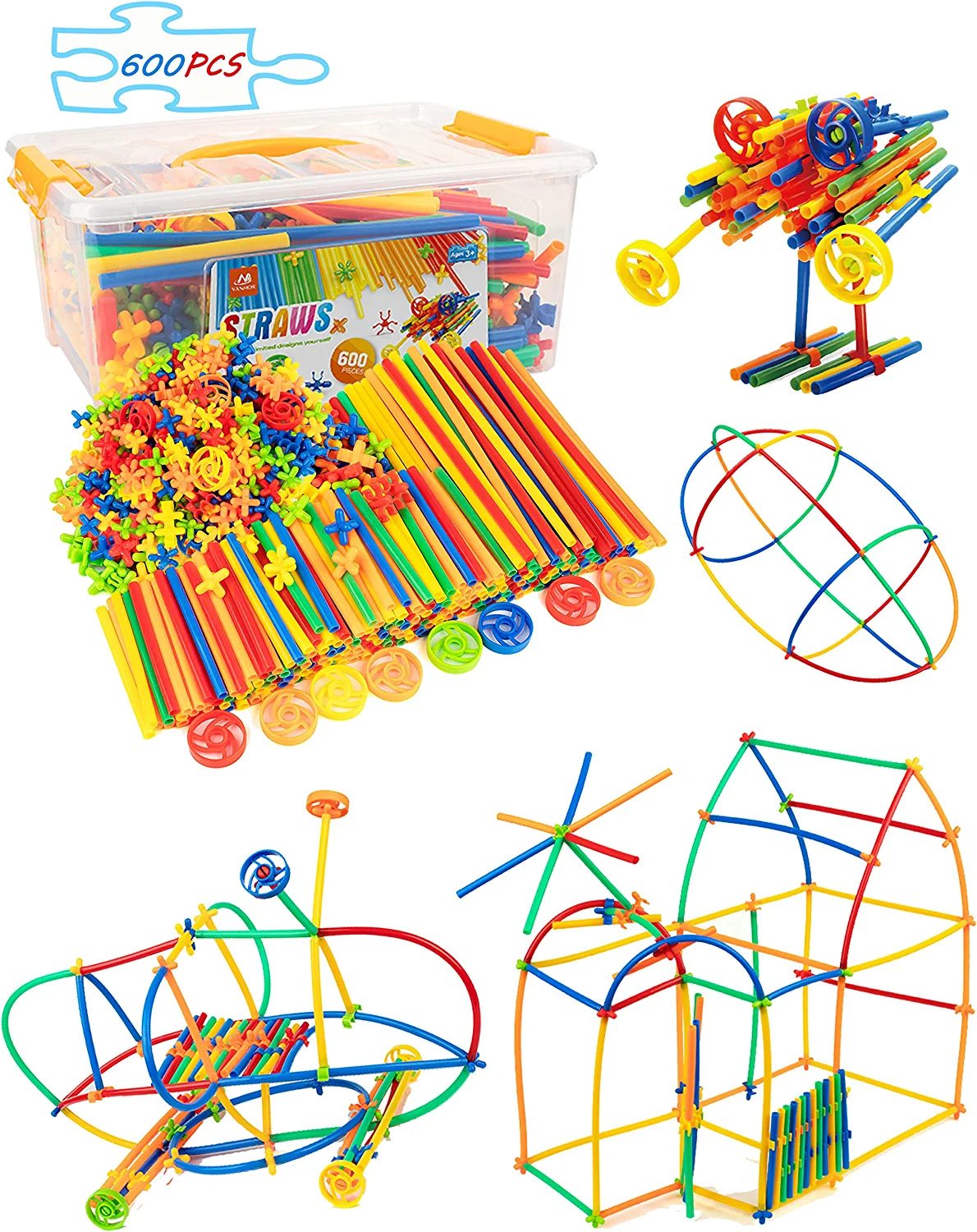 Vanmor Straw Constructor STEM Building Toys 600Pcs Interlocking Toys Engineering Toys Thin Tube Blocks Connectors Toy Educational Toy Kit for Kids 3 4 5 6 7+ Years Boys and Girls Vanmor