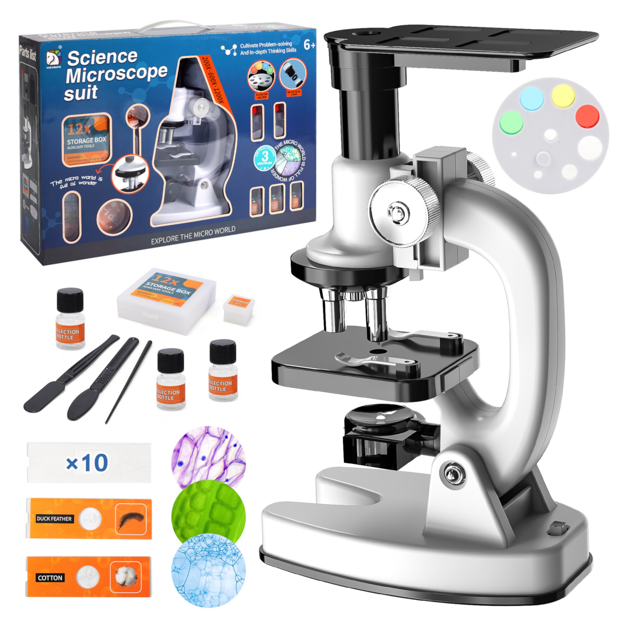 Microscope Kit for Kids 5-7 8-12, 200X-1200X Compound Microscope Toy with Mobile Phone Holder, Sides and Accessories for Home School Laboratories Use, STEM Science Gifts for Children Students Beginner Generic