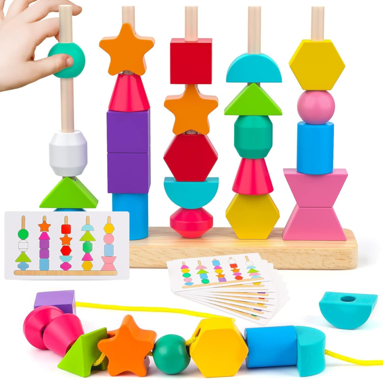 Kid Odyssey Montessori Wooden Beads Sequencing Toy Set, Stacking Blocks & Lacing Beads & Matching Shape Stacker for 3 4 5 Years Old STEM Preschool Learning Montessori Toys Gifts for Kids Toddlers Kid Odyssey