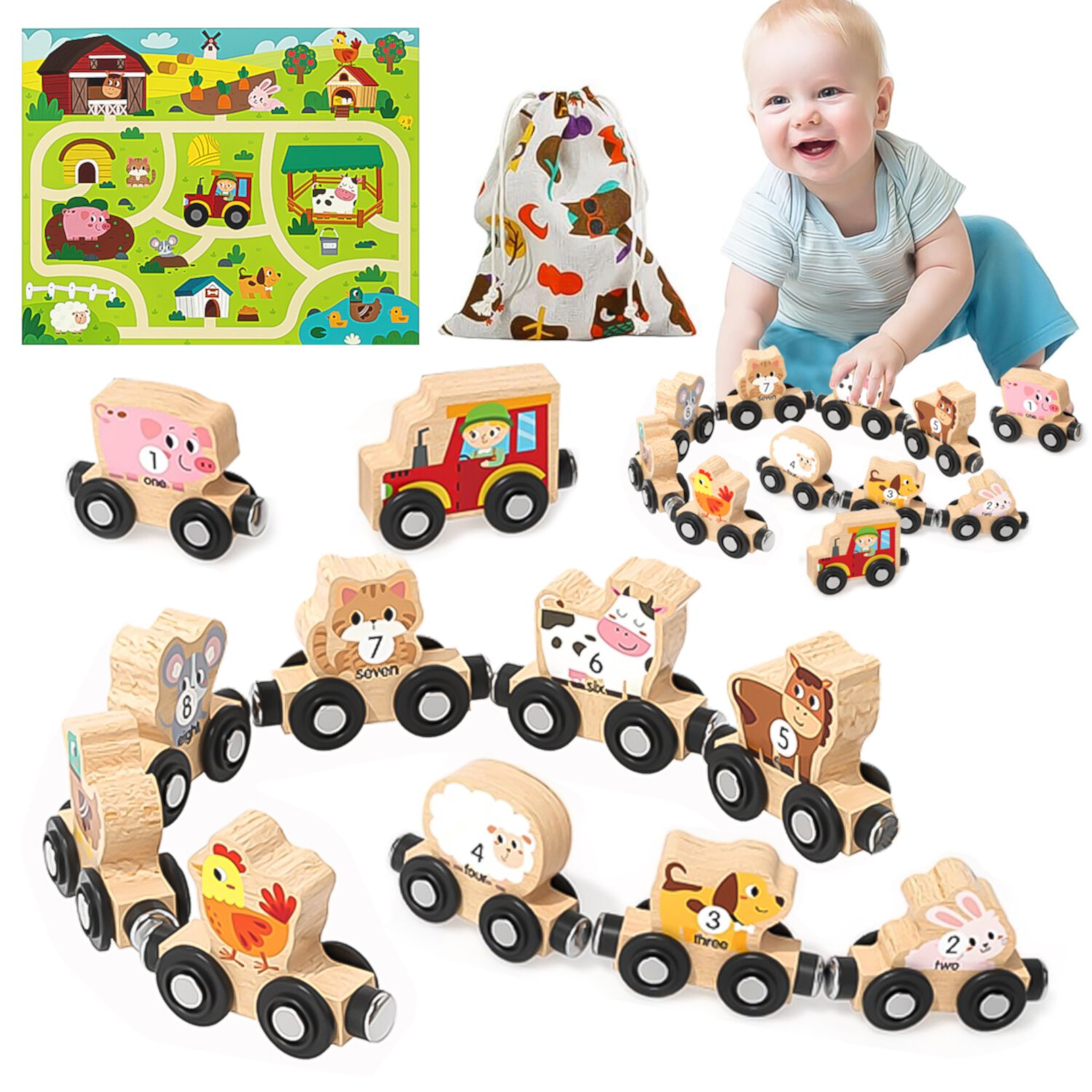 Toys for 1 2 3 Year Old Girls Boys, Wooden Farm Animals Train Set, Toddler Educational Toy,  Montessori Learning Toys Ages 1-3 Sytle-Carry