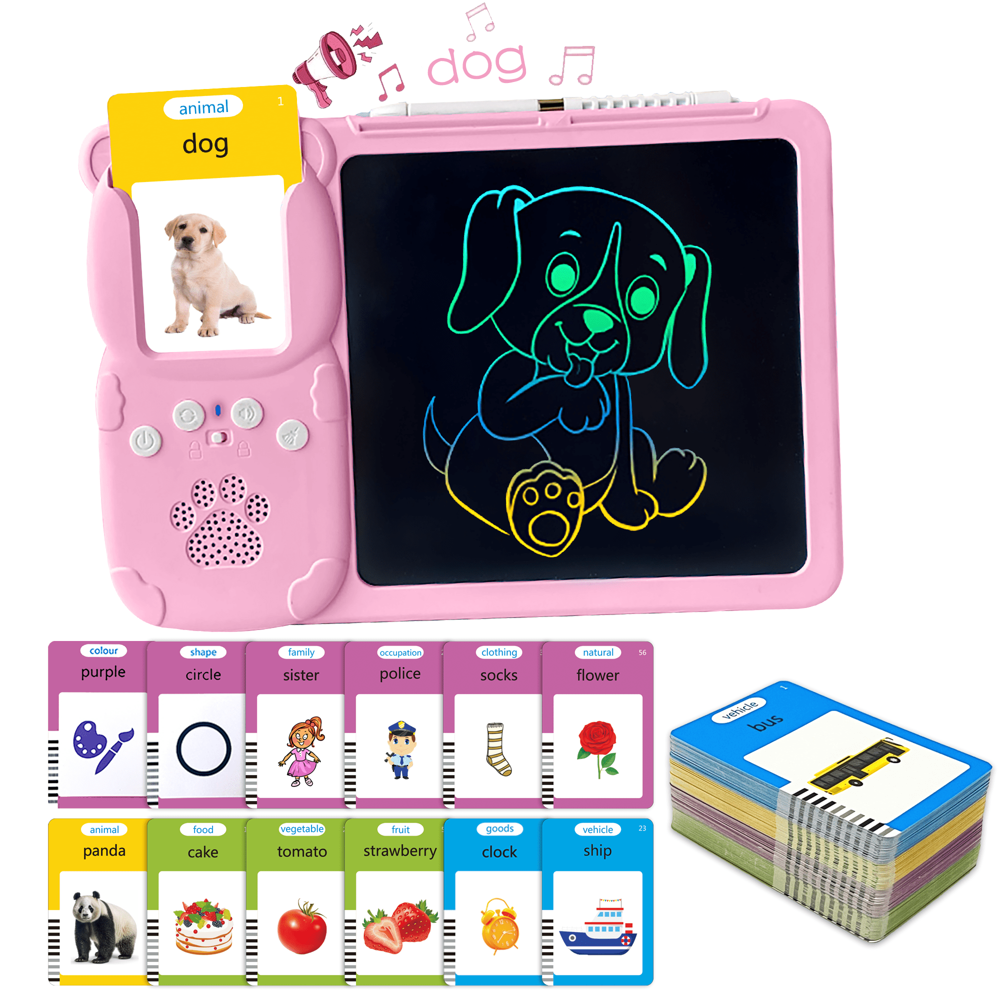 Adofi Talking Flash Cards with Drawing Tablet, Speech Therapy Toys for Toddlers 3-8, LCD Writing Tablet for Kids 2 3 4 5 6 7 8, Educational Toys for Children 3 5, Educational Flash Cards Toys -Pink Adofi