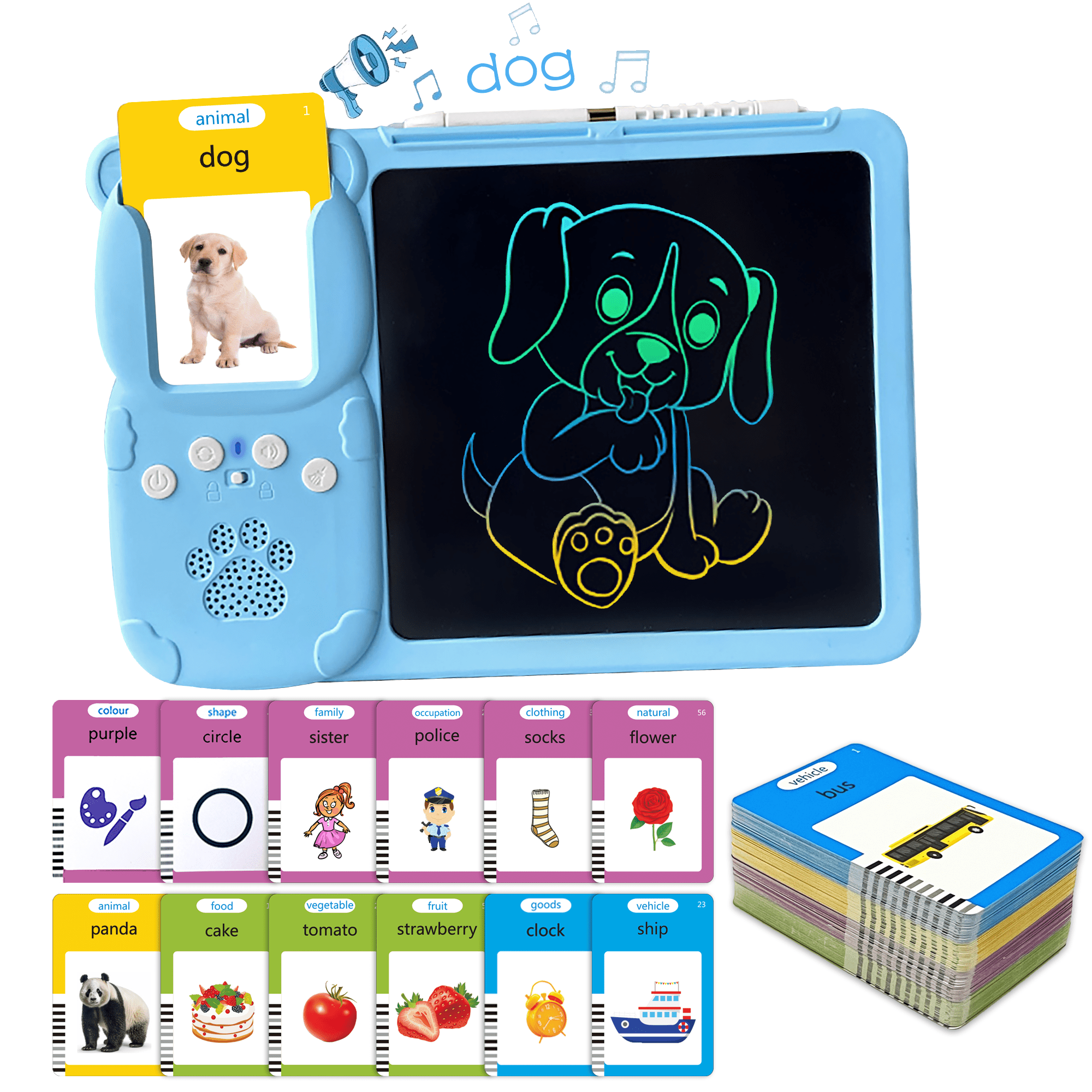 Adofi Talking Flash Cards with Drawing Tablet, Speech Therapy Toys for Toddlers 3-8, LCD Writing Tablet for Kids 2 3 4 5 6 7 8, Educational Toys for Children 3 5, Educational Flash Cards Toys - Blue Adofi