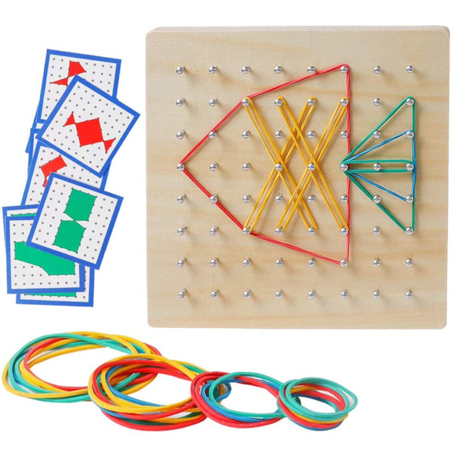 STEM Block Geo Board Graphical Educational Toys, Kids Montessori Geoboard Mathematical Manipulative Array Block with Pattern Cards and Rubber Bands Matrix 8x8 Brain Teaser Toys Qishi