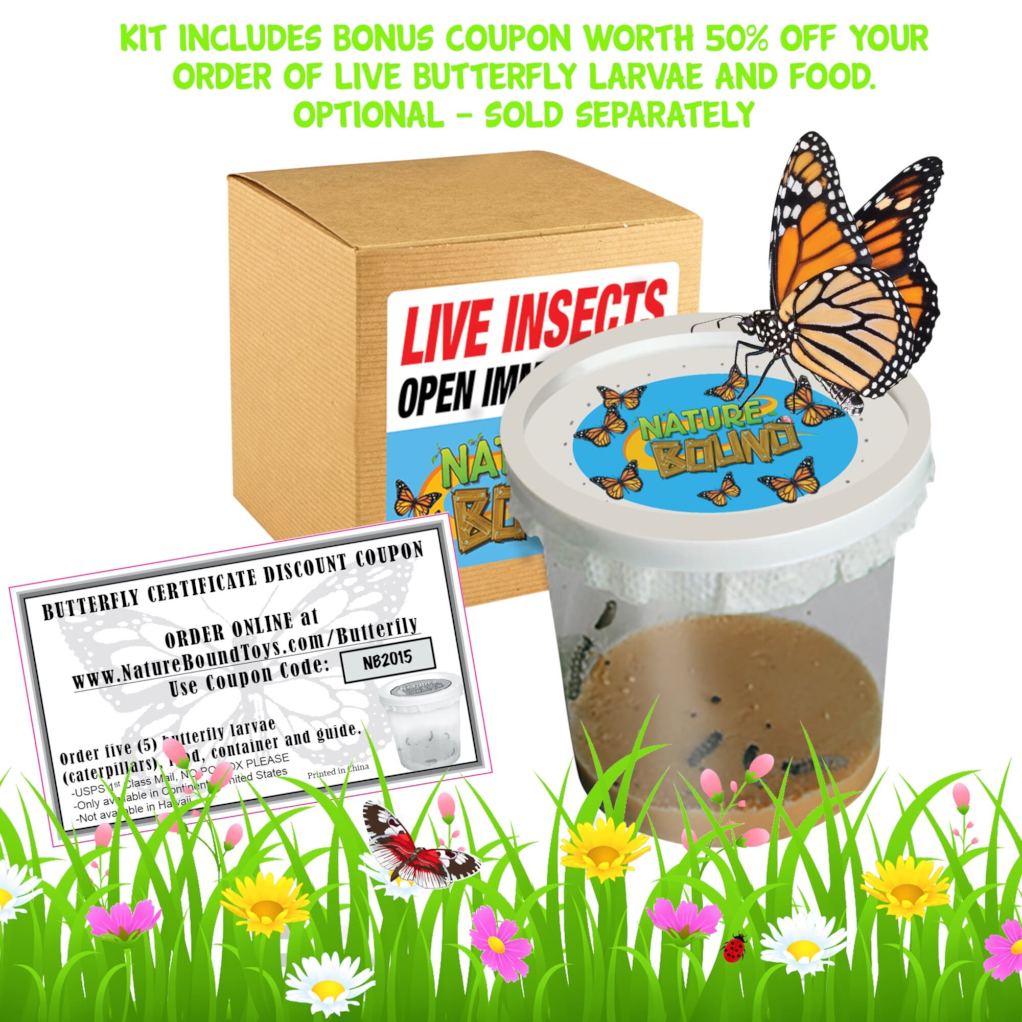 Nature Bound Butterfly Growing Kit - Live Caterpillar to Butterfly Project for Kids - Includes Voucher for Caterpillars, Green Pop-Up, Durable Nylon Nature Bound