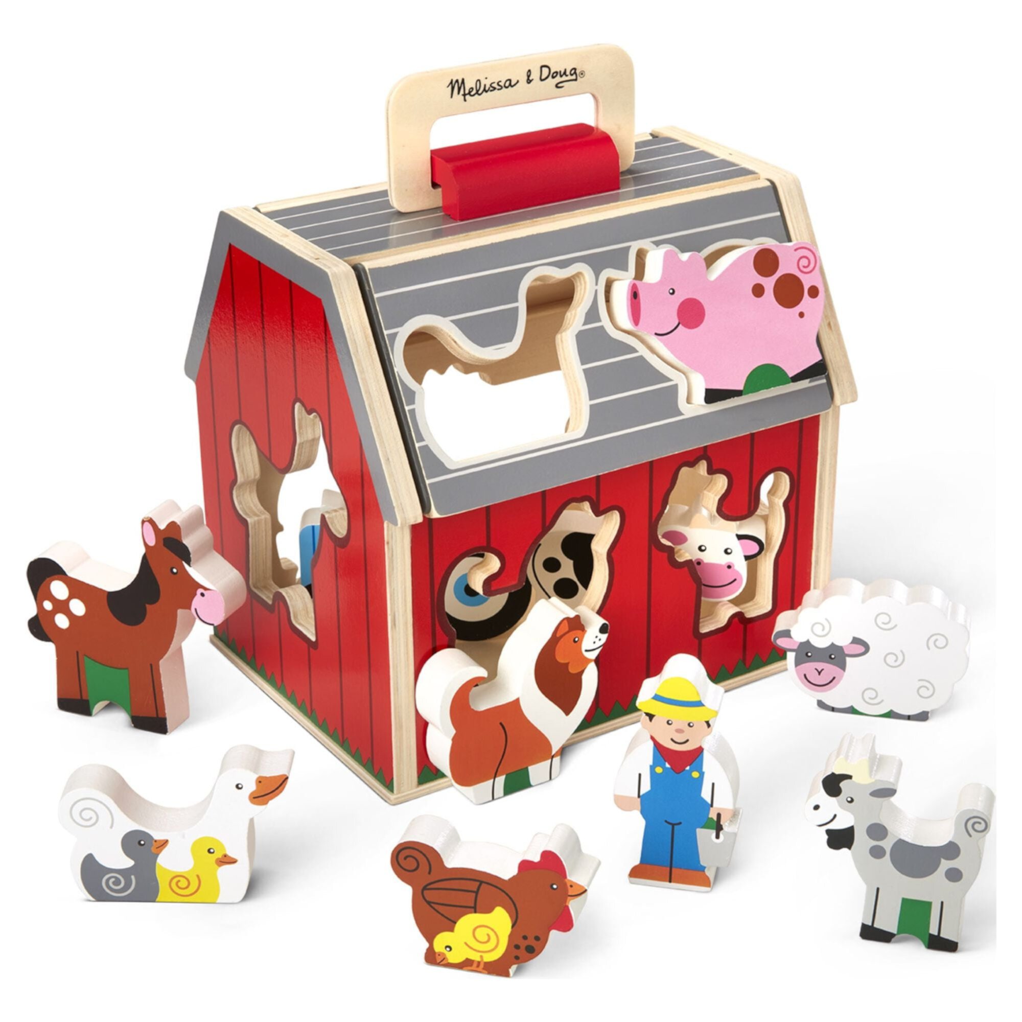 Melissa & Doug Wooden Take-Along Sorting Barn Toy with Flip-Up Roof and Handle 10 Wooden Farm Play Pieces Melissa & Doug