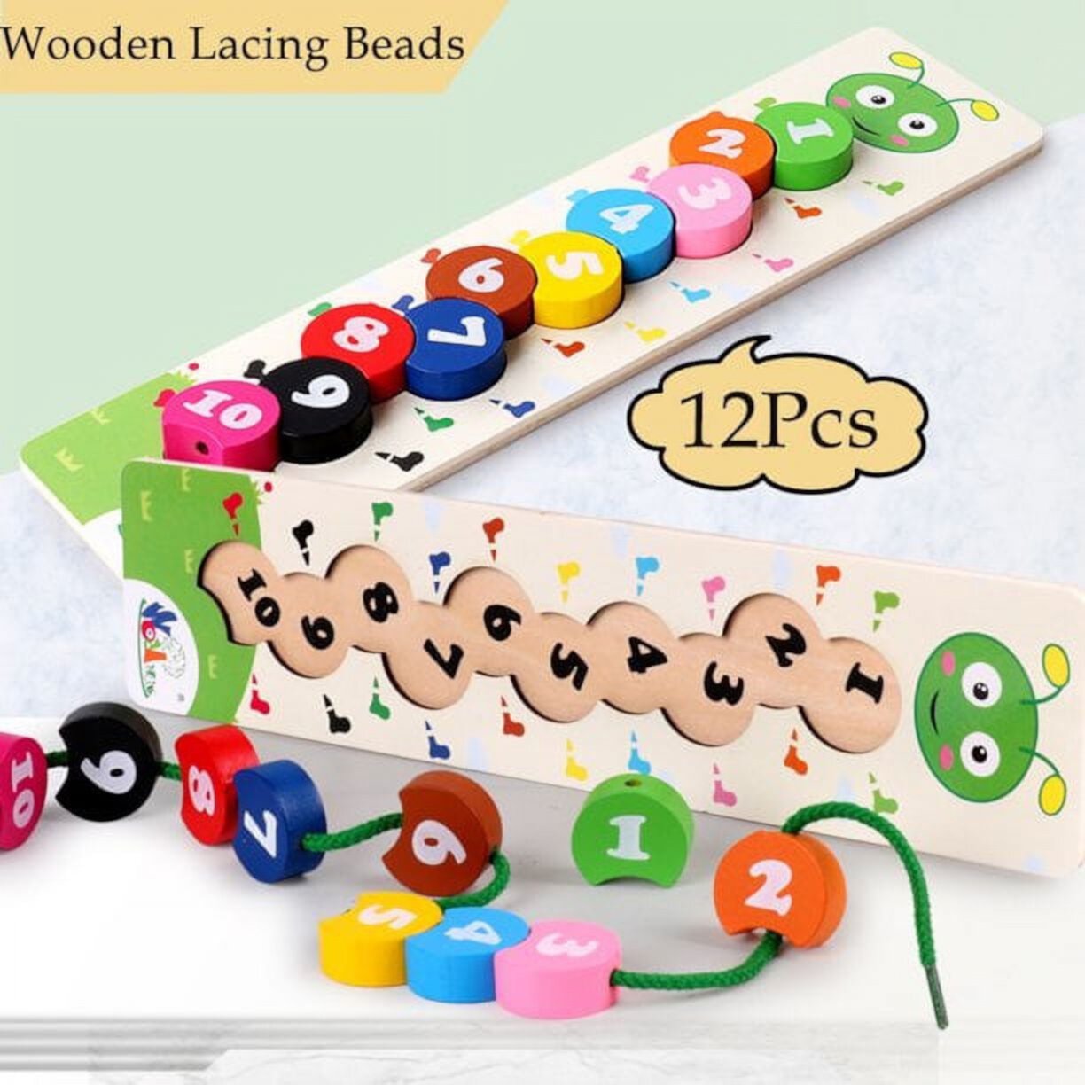 SHELLTON Wooden Lacing Beads for Toddlers, Fine Motor Skills Montessori Toys, Preschool Learning Toys for 2 Year Old Boys and Girl Kid Gifts Shellton