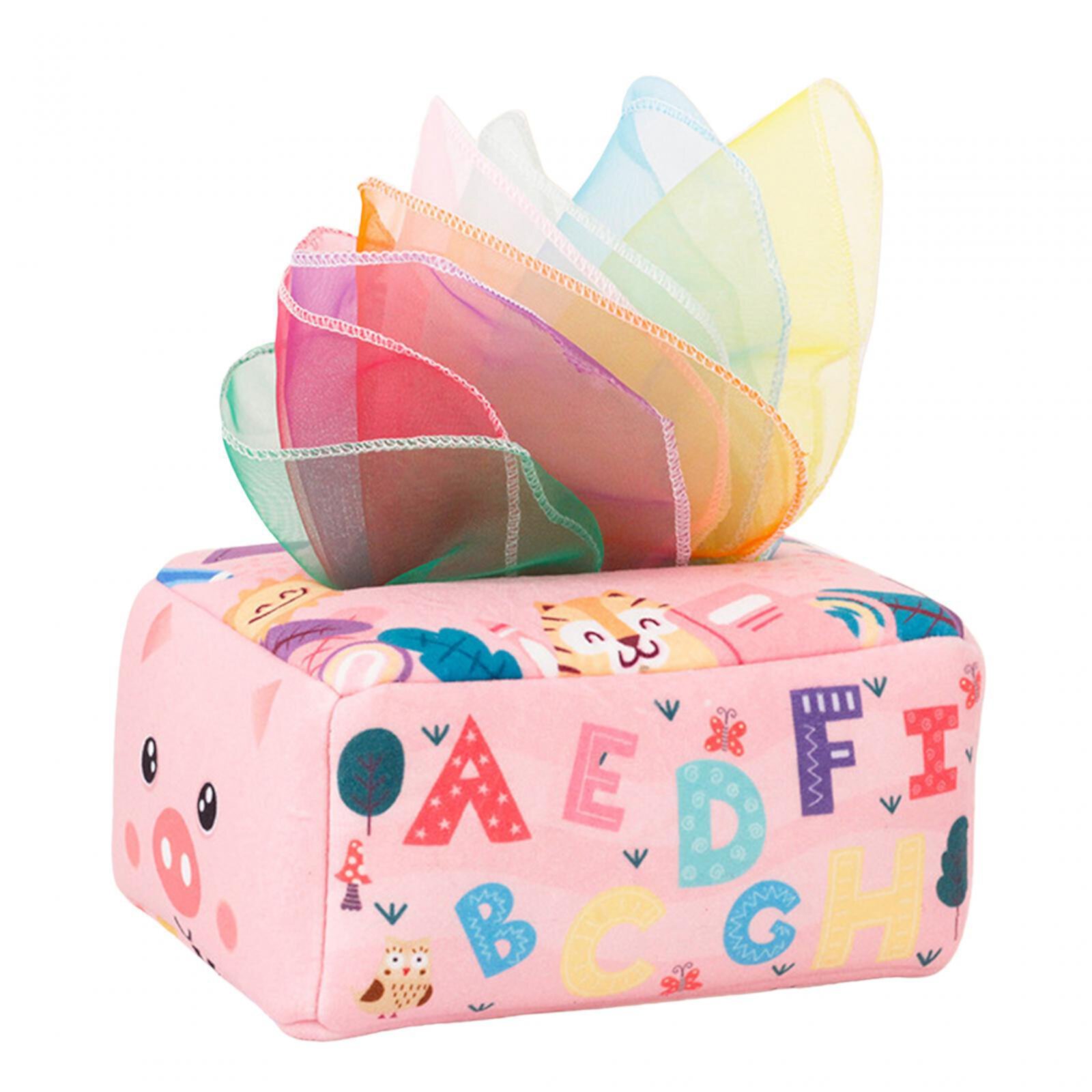 Infant Tissue Box Toy Soft High Contrast Baby Toys Montessori Toys Development with 10 Colorful Scarves Sensory Toys for Kids Great Gifts Pig Hellery