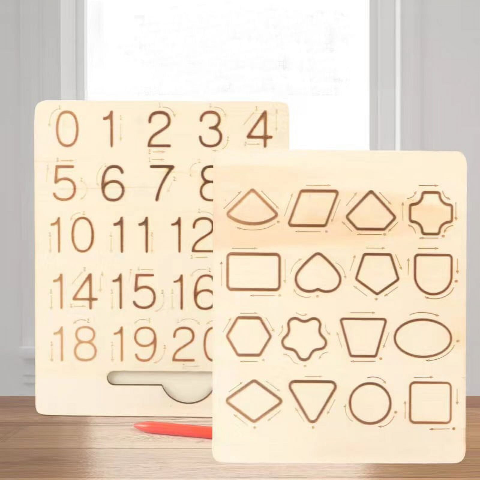 Wooden Number Shape Tracing Board, Double-Sided Wood Letters Tracing Tool Learning to Write ABC Educational Montessori Toys Game Gift Autrucker