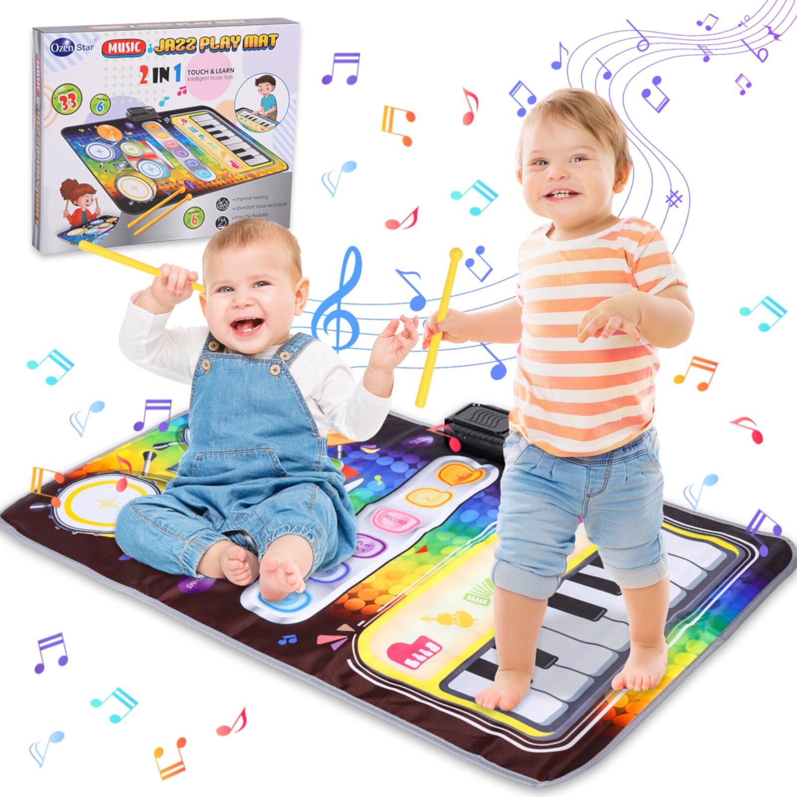 AOKESI 2 in 1 Piano Mat Montessori Toys for 1 Year Old Boys & Girls, Toddler Piano & Drum Mat with 2 Sticks, Learning Floor Blanket, Educational Musical Toy Gifts for Boys Girls, Age 1+, Blue AOKESI