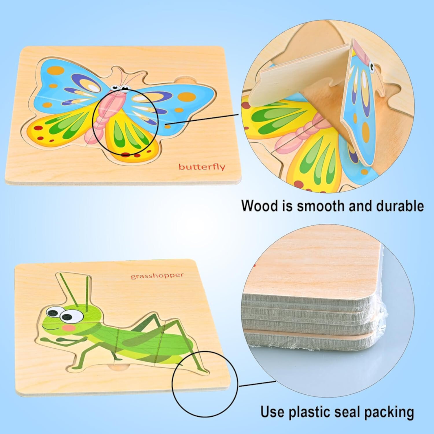 8Pcs Wooden Puzzles for Toddlers 1-3, Insect Animal Puzzle for Kids, Montessori Toys for 1-3+ Years Girl Boy ANTIC DUCK