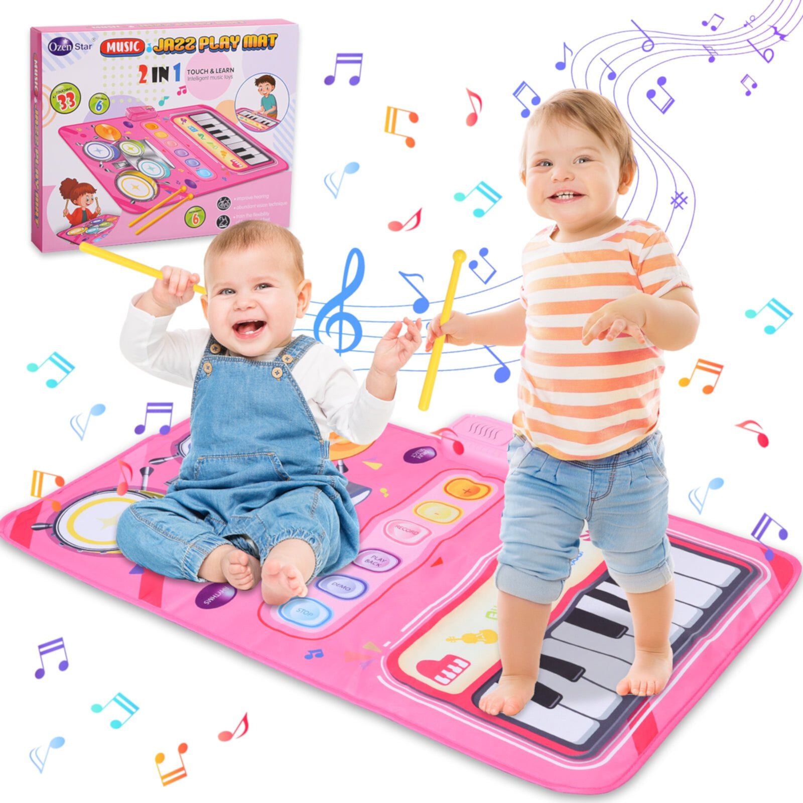 AOKESI 2 in 1 Piano Mat Montessori Toys for 1 Year Old Boys & Girls, Toddler Piano & Drum Mat with 2 Sticks, Learning Floor Blanket, Educational Musical Toy Gifts for Boys Girls, Age 1+, Blue AOKESI