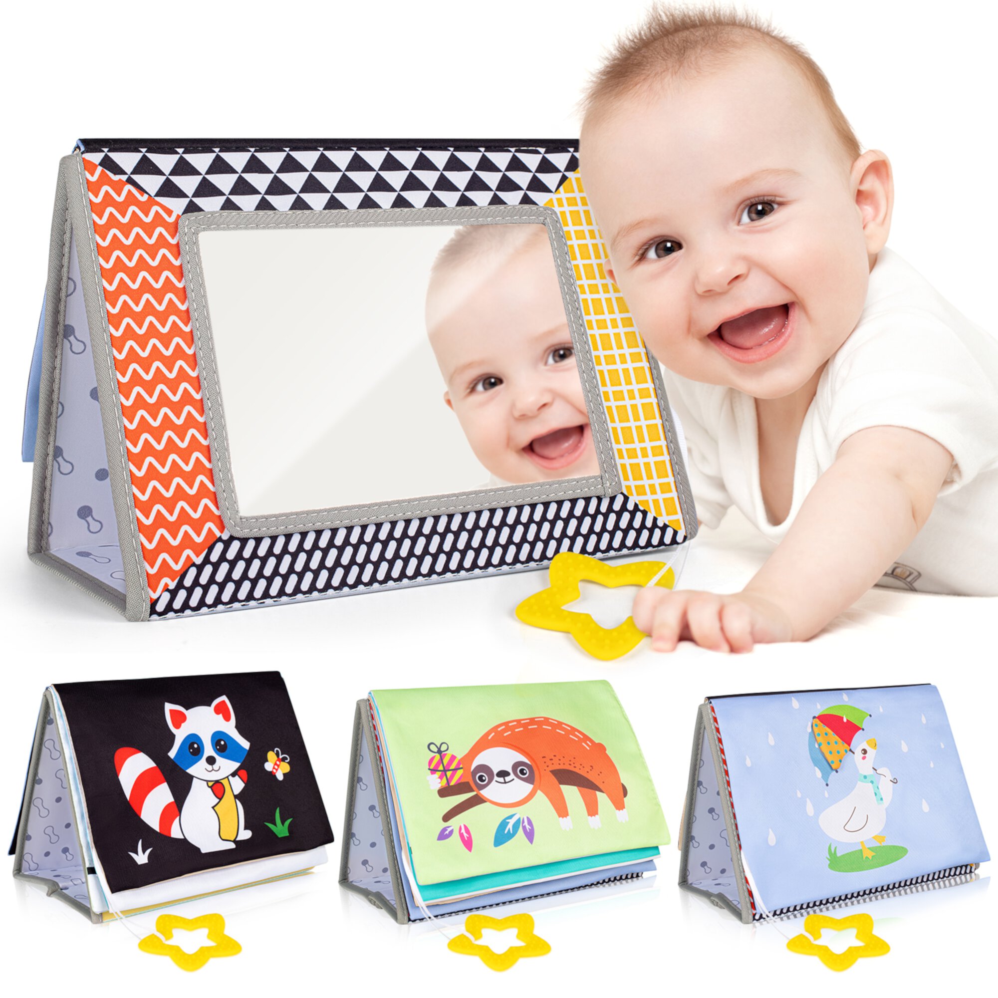 Baby Mirror Toys for Tummy Time,Newborn,Infant 0-3-4-6-12 Months Old Gift,Boy/Girl Brain Developmental Montessori Toys Sensory Crinkle Black and White Book.Essential Activity Safe Mirror for Floor SYNARRY