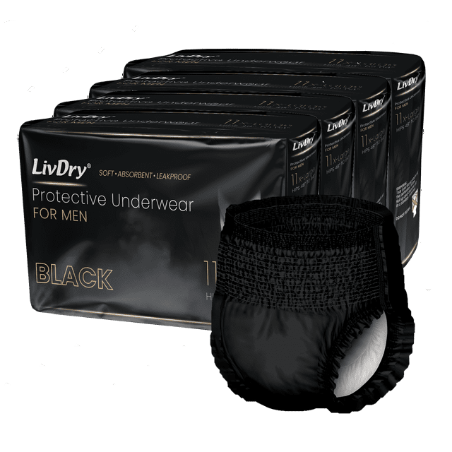 LivDry BLACK Mens Adult Incontinence Underwear, Supreme Comfort Absorbency (X-Large, 44-Pack) LivDry