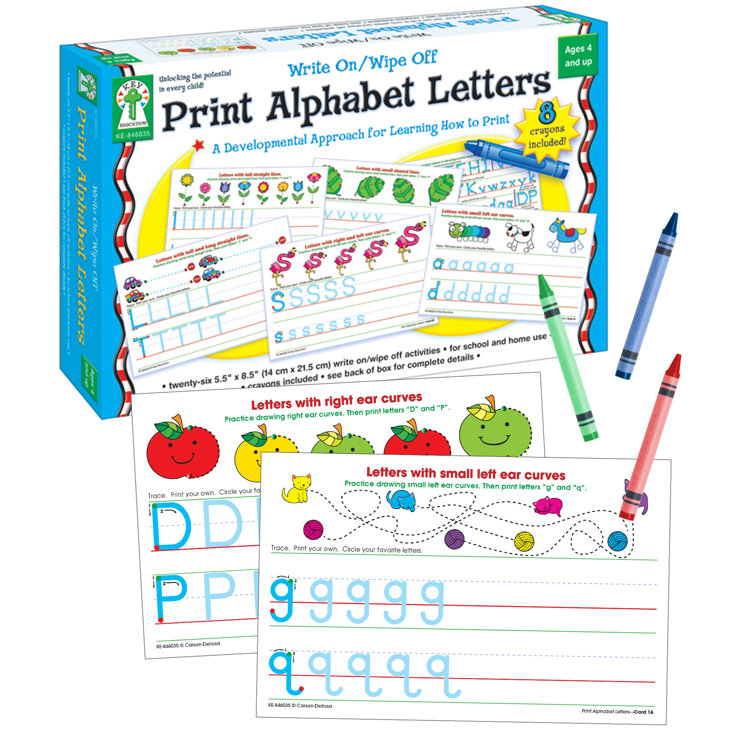 Key Education Print Alphabet Letters Early Learning Manipulative (13 cards, 8 crayons) Key Education