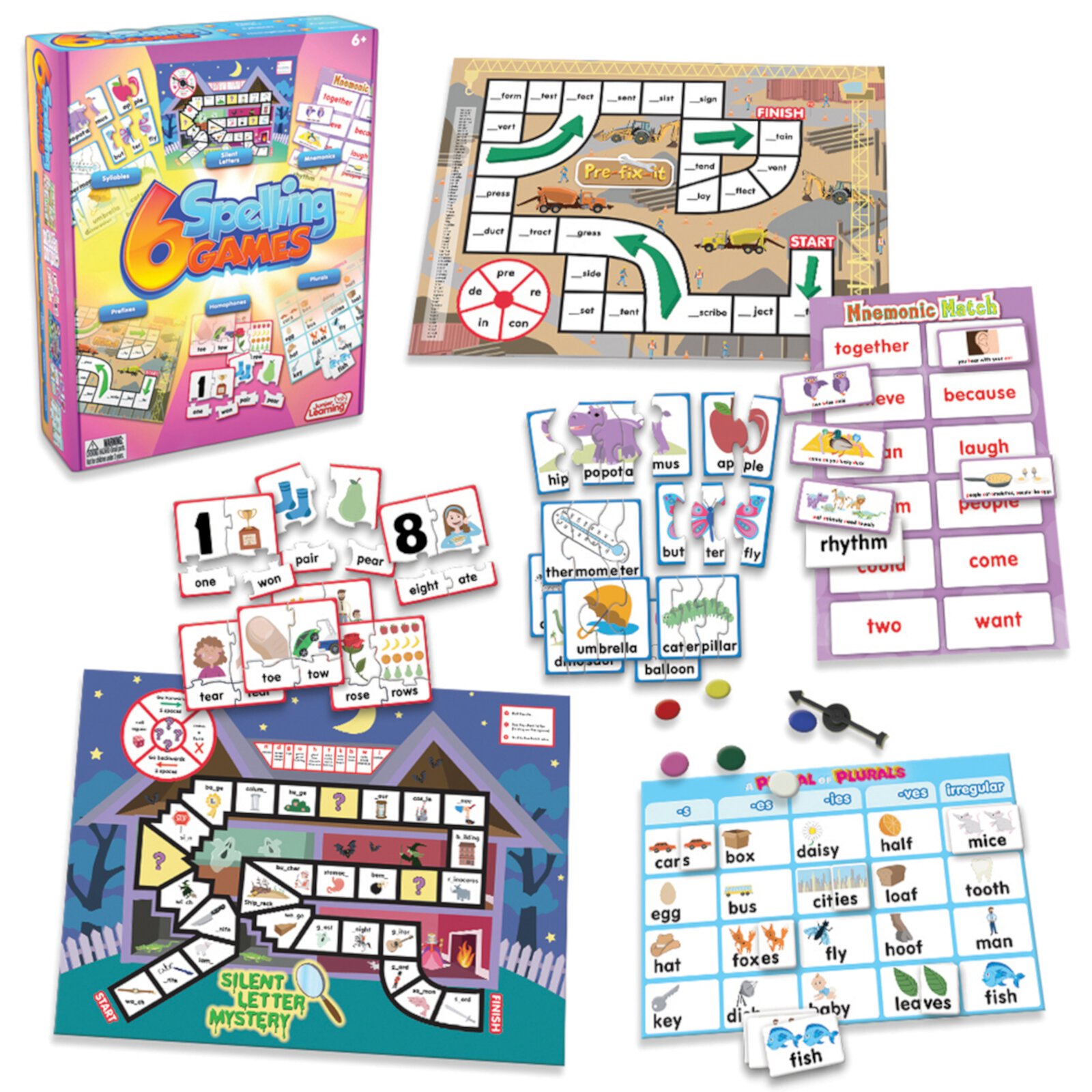 6 Spelling Games Junior Learning Board Game for Ages 6+ Grade 1 Grade 2 Learning, Language Arts, Perfect for Home School, Educational Resources Junior Learning