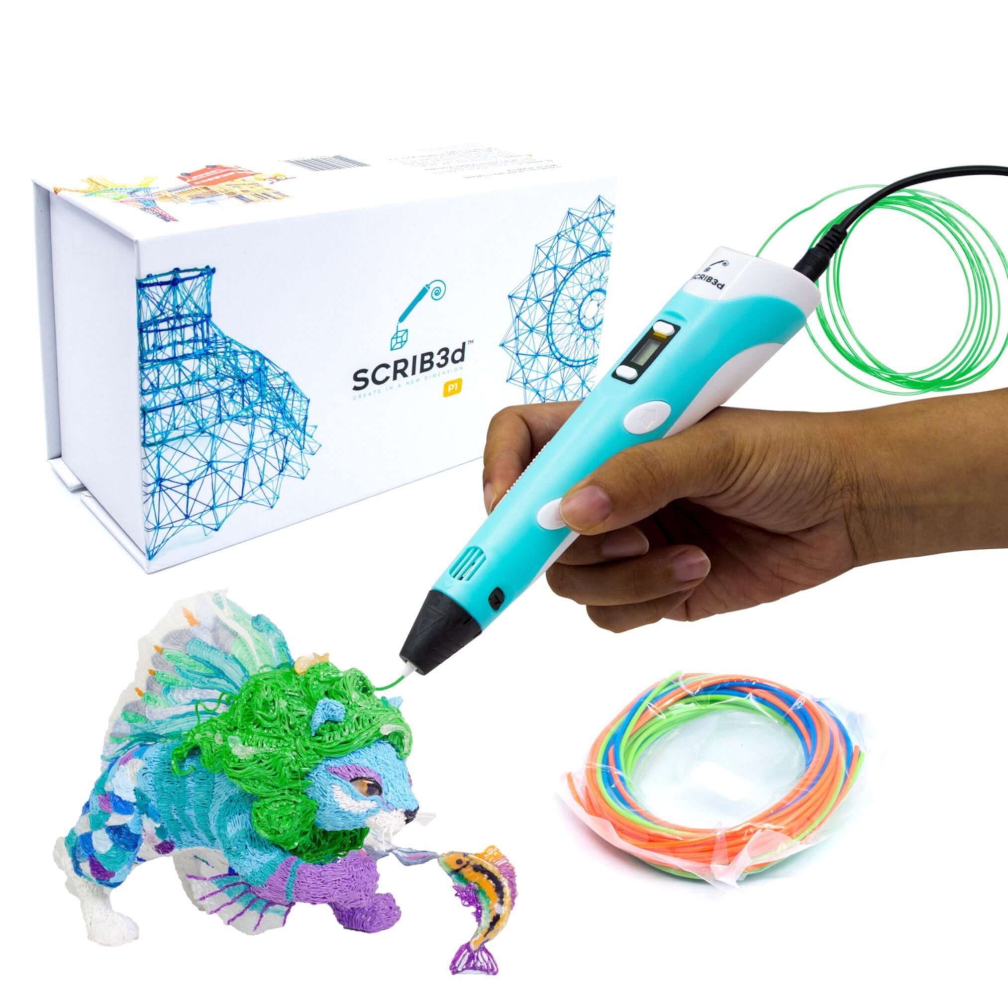 SCRIB3D P1 3D Printing Pen with Display - Includes 3D Pen, 3 Starter Colors of PLA Filament, Stencil Book + Project Guide, and Charger SCRIB3D