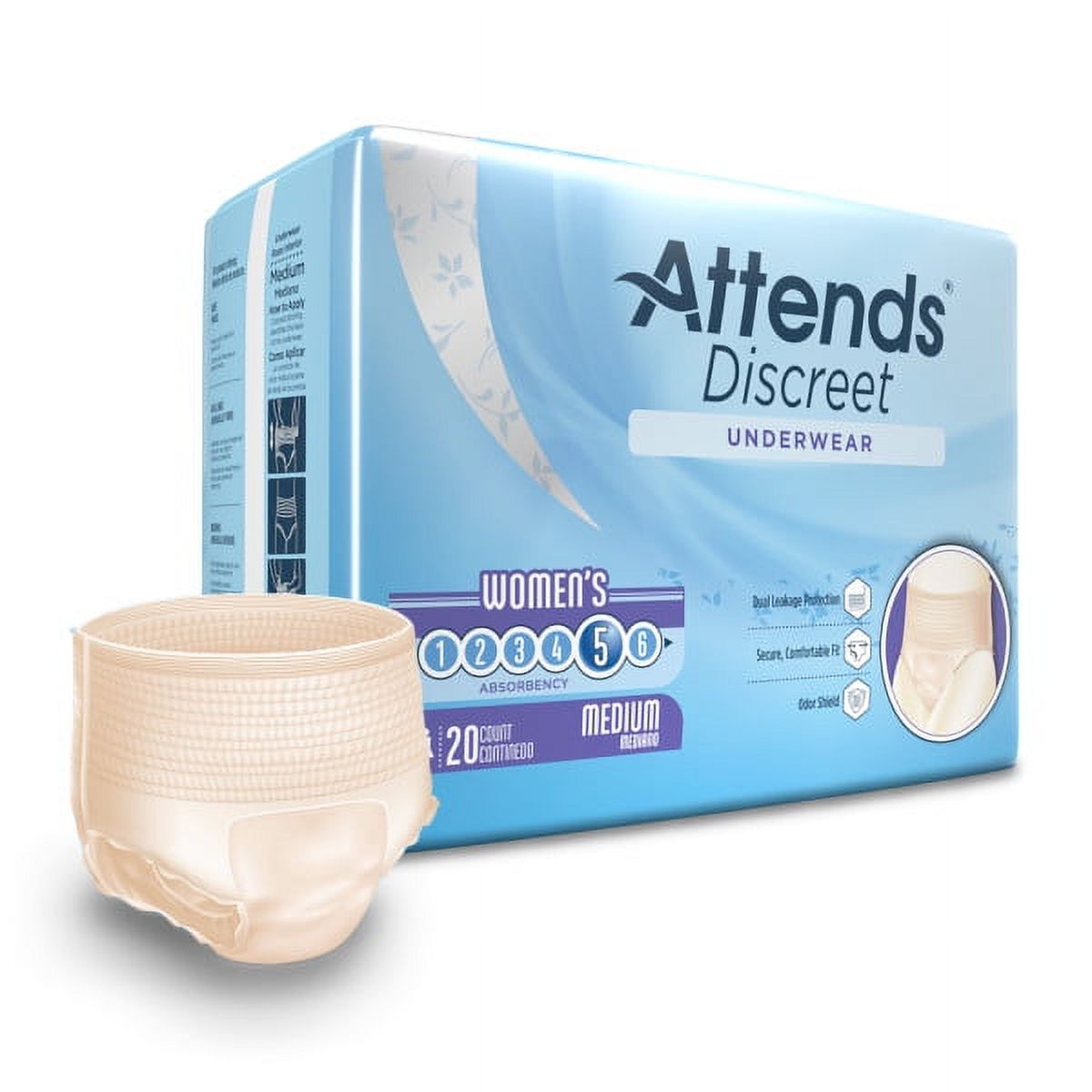 Attends Discreet Underwear Absorbency 5 Women's Size Medium - 4 pks of 20 Attends