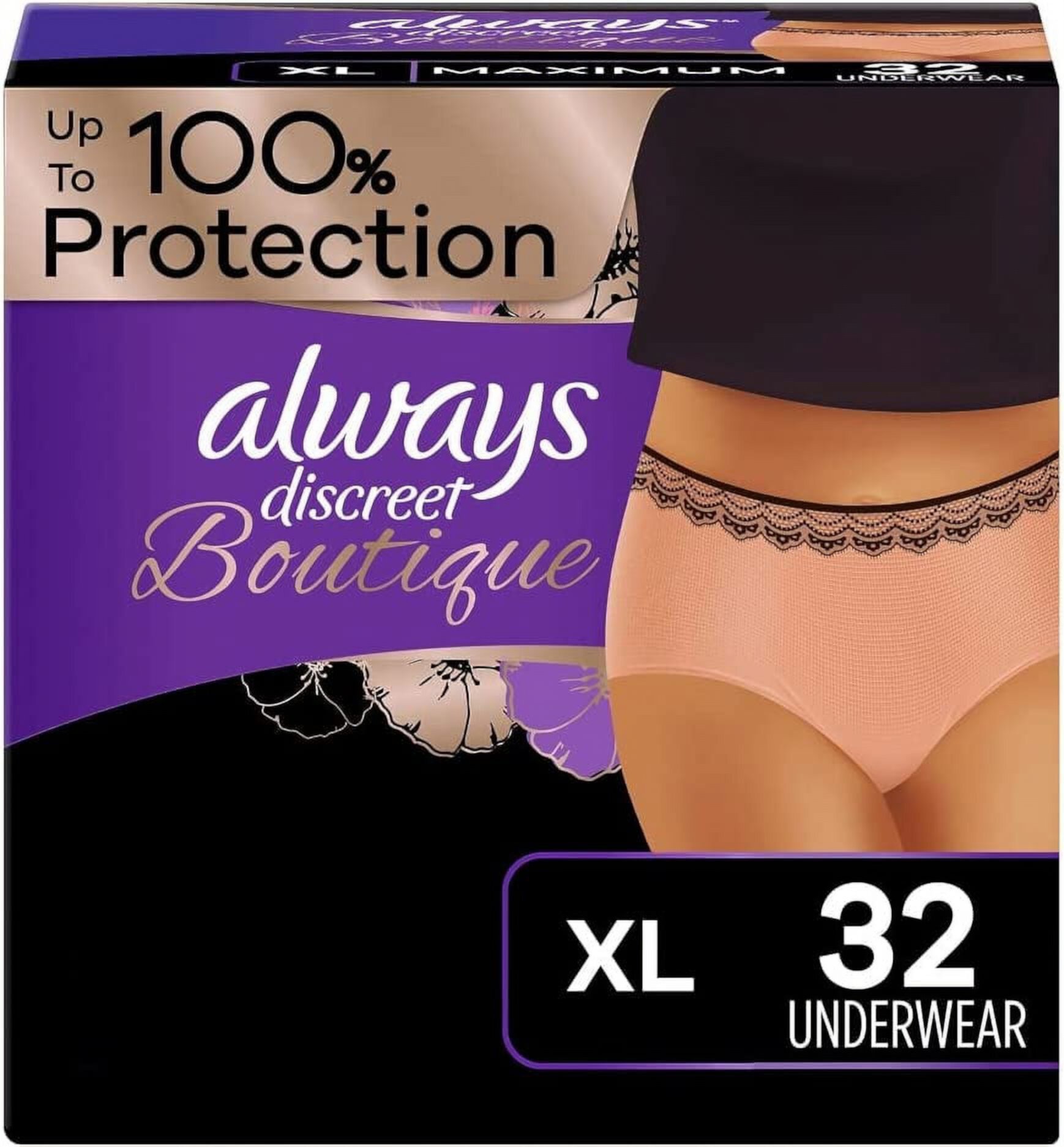 Always Discreet Boutique, Incontinence & Postpartum Underwear For Women, Size X-Large, Peach, Maximum Absorbency, Disposable, 16 Count x 2 Packs (32 Count total) Always Discreet