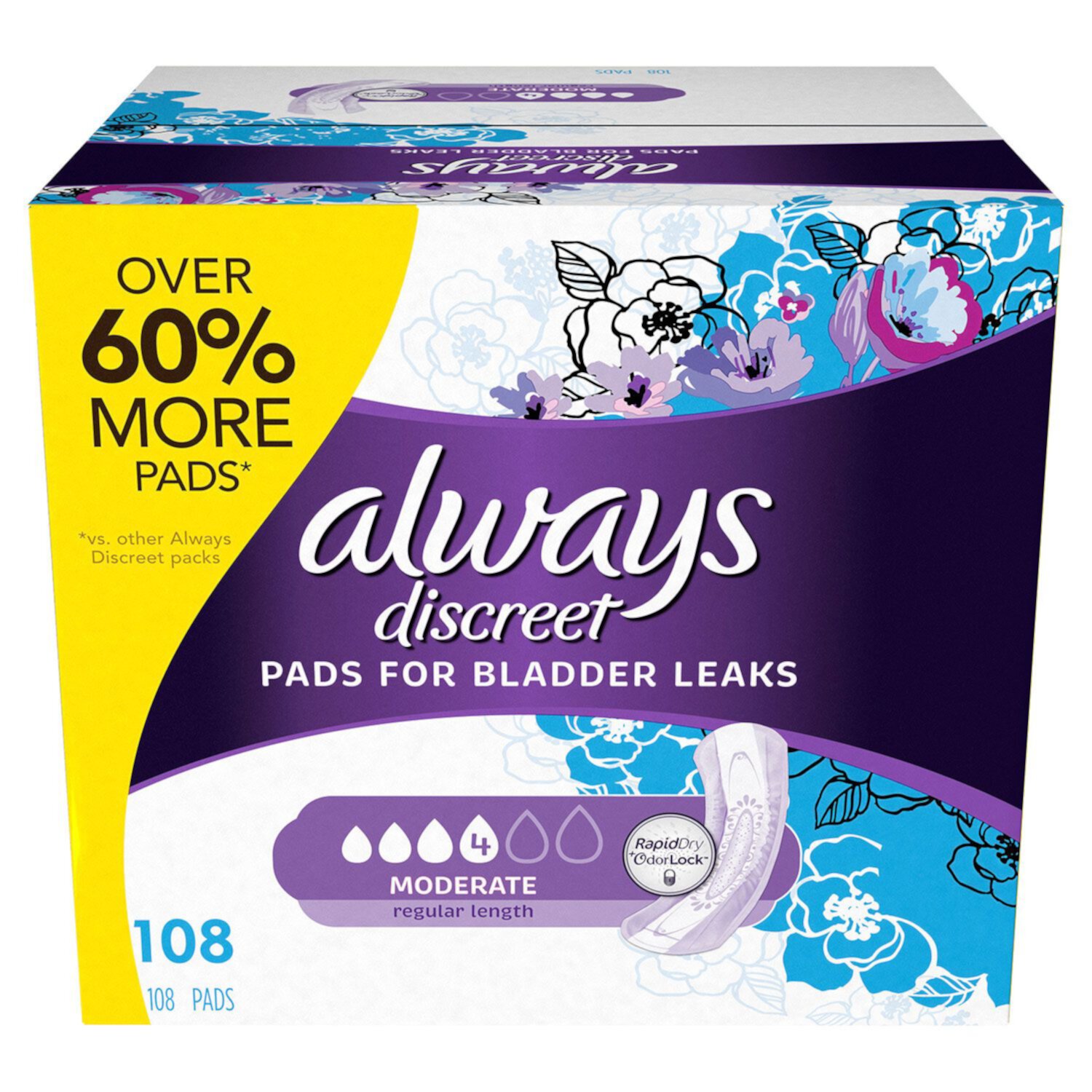 Always Discreet Incontinence Pads Moderate Protection, Regular Length, 108 Ct Always Discreet