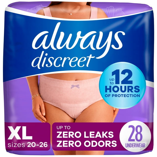 Always Discreet Adult Incontinence Underwear for Women and Postpartum Underwear, XL, Up to 100% Bladder Leak Protection, 28 CT Always Discreet