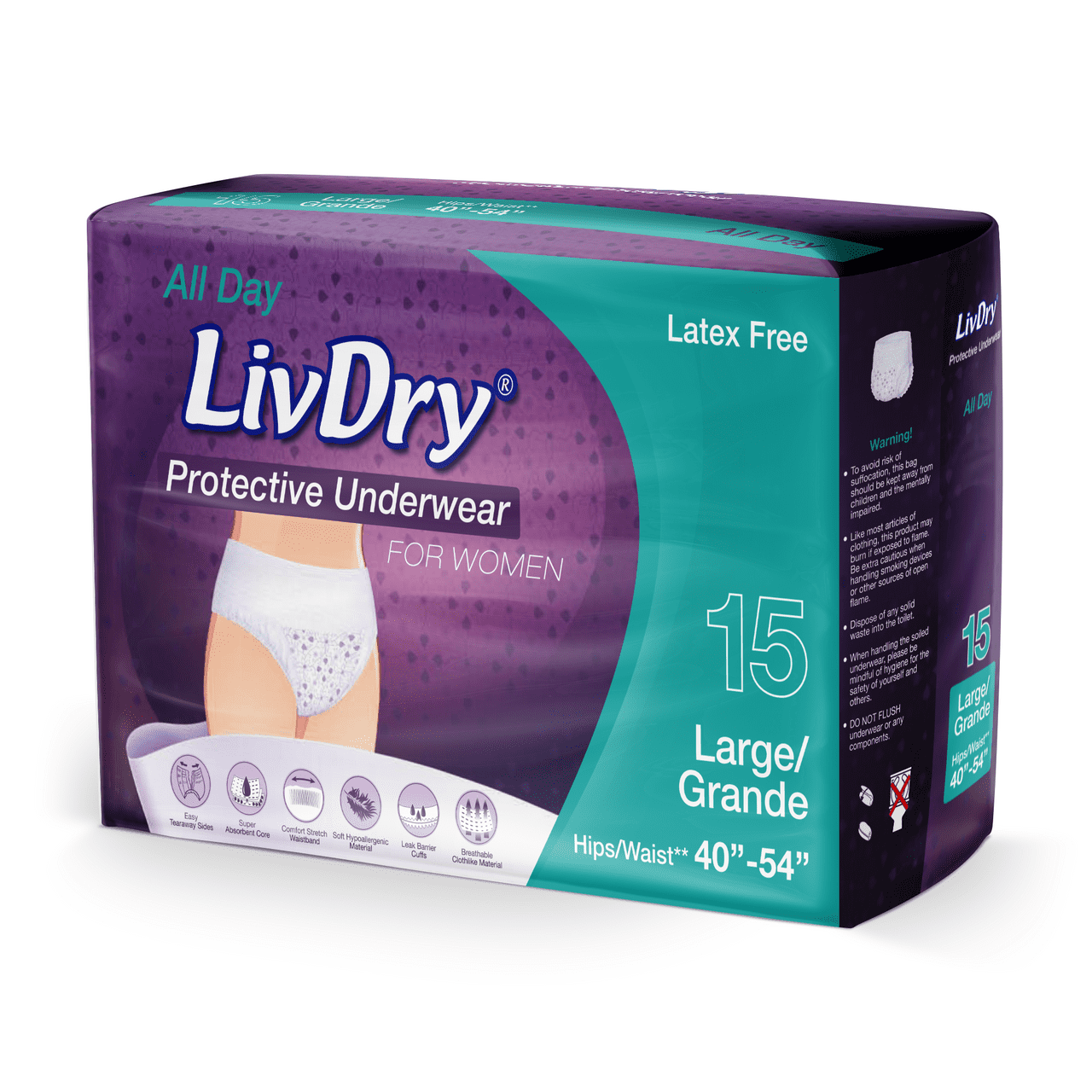 LivDry Womens Adult Incontinence Underwear, Purple Flowers, Super Comfort Absorbency (Large, 15-Pack) LivDry