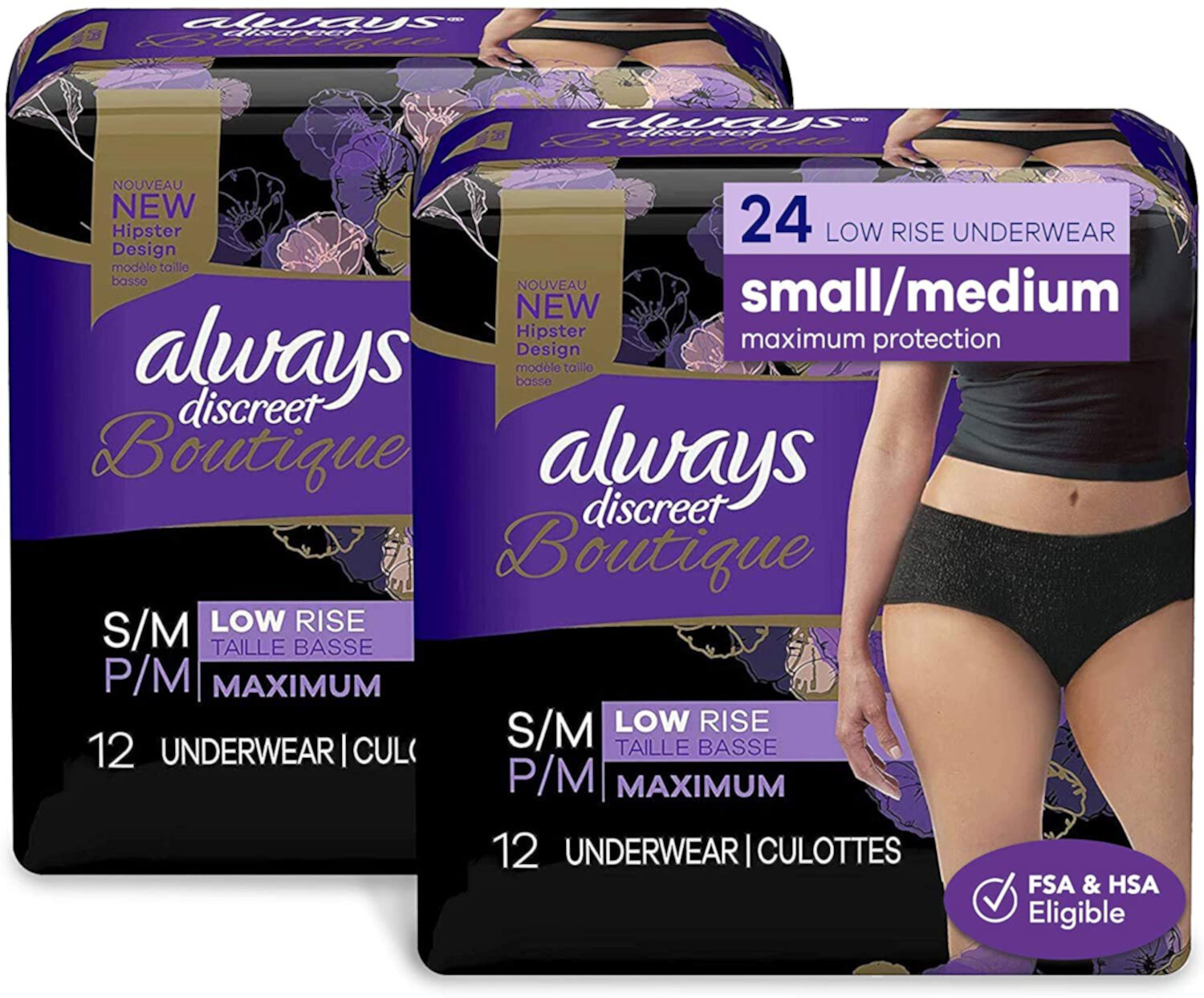 Always Discreet Boutique Low-Rise Incontinence and Postpartum Underwearfor Women, Black, Size S/M, 24 Count Visit the Always Store