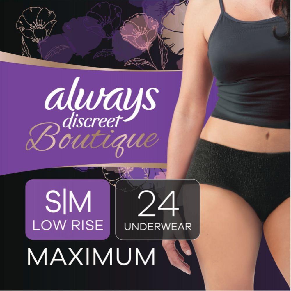 Always Discreet Boutique Low-Rise Incontinence Underwear, Size S/M, Max Absorbency, Black, 24 Ct Always Discreet