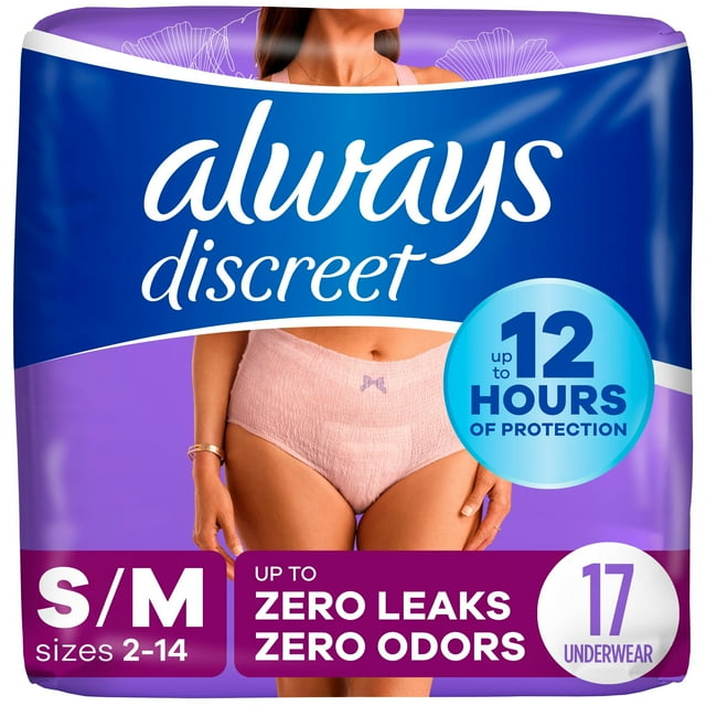 Always Discreet Adult Incontinence Underwear for Women and Postpartum Underwear, S/M, Up to 100% Bladder Leak Protection, 17 CT Always Discreet