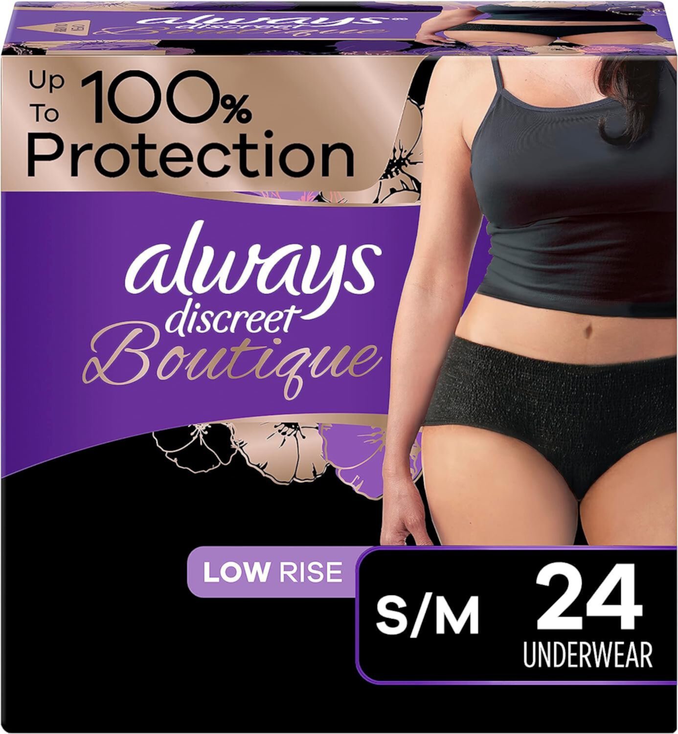 Always Discreet Boutique Adult Incontinence & Postpartum Underwear for Women, Low-Rise, Size Small/Medium, Black, Maximum Absorbency, Disposable, 24 Count Always Discreet