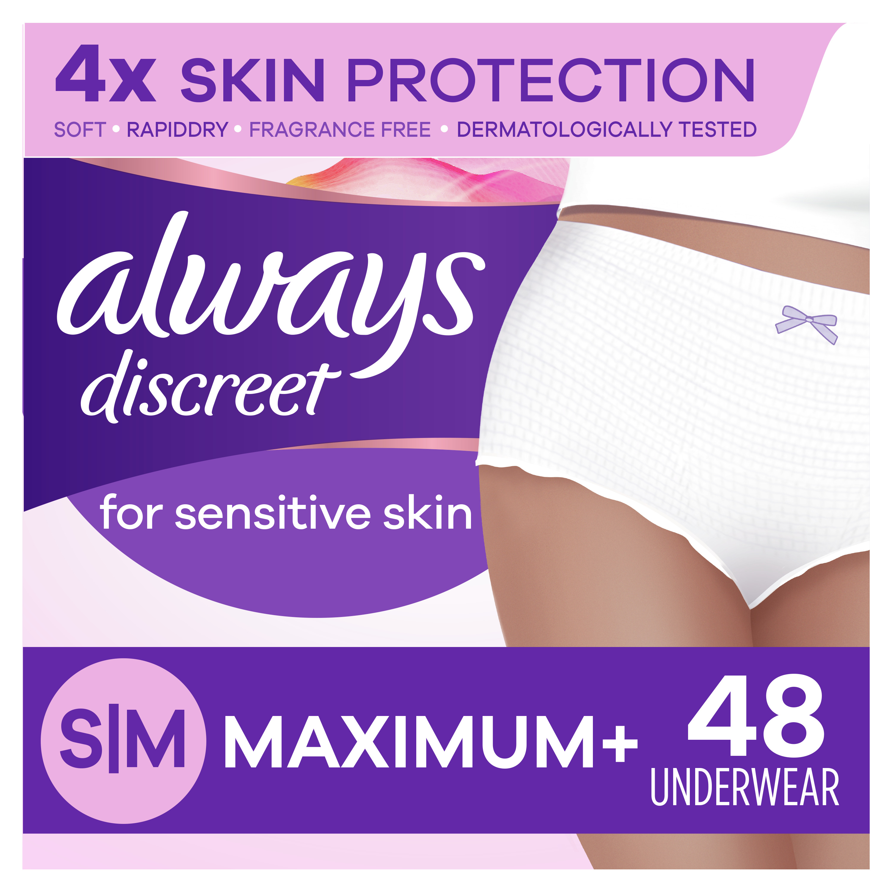 Always Discreet for Sensitive Skin Underwear S/M Maximum Plus Absorbency, 48 Count Always Discreet