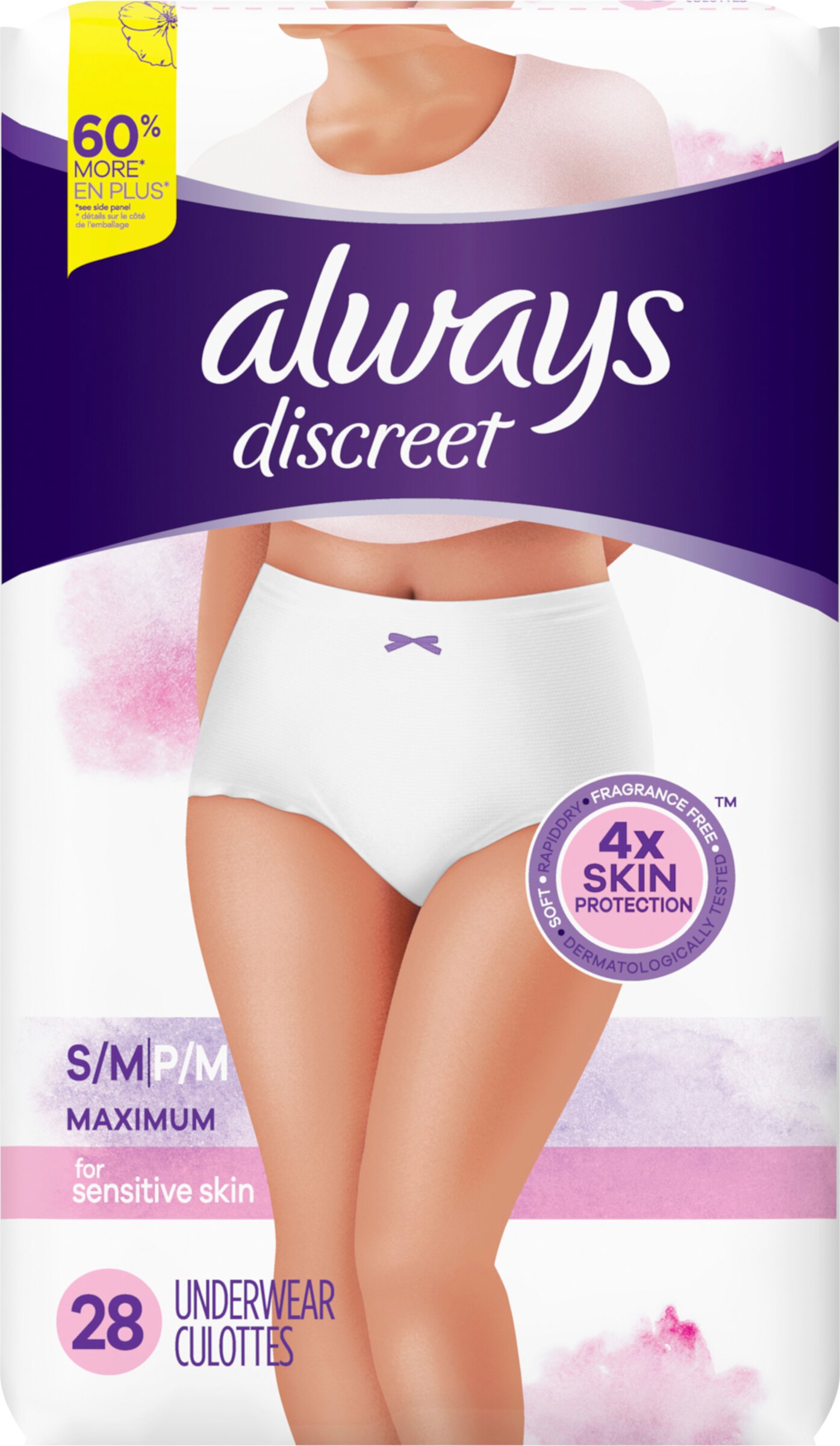 Always Discreet for Sensitive Skin Underwear S/M Maximum Plus Absorbency, Fragrance-Free, 28 Count Always Discreet