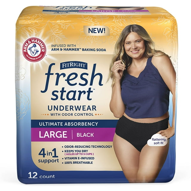 FitRight Fresh Start Incontinence Underwear for Women, Ultimate Absorbency, Large, Black, 12 ct FitRight