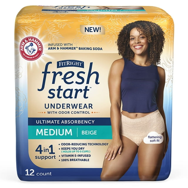 FitRight Fresh Start Incontinence Underwear for Women, Ultimate Absorbency, Medium, Beige, 12 ct FitRight