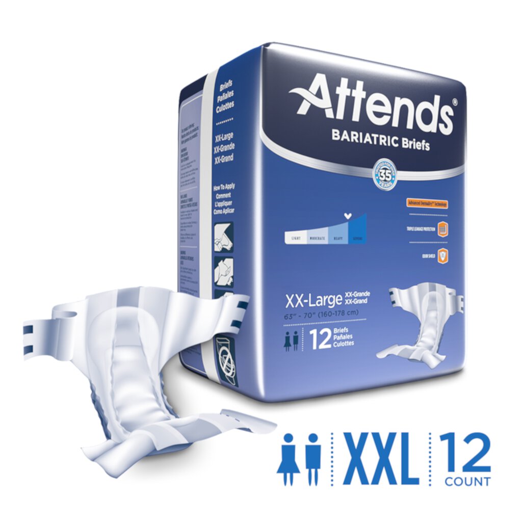 Attends Bariatric Briefs, Incontinence Briefs Heavy Absorbency, XXL, 12 Count Attends