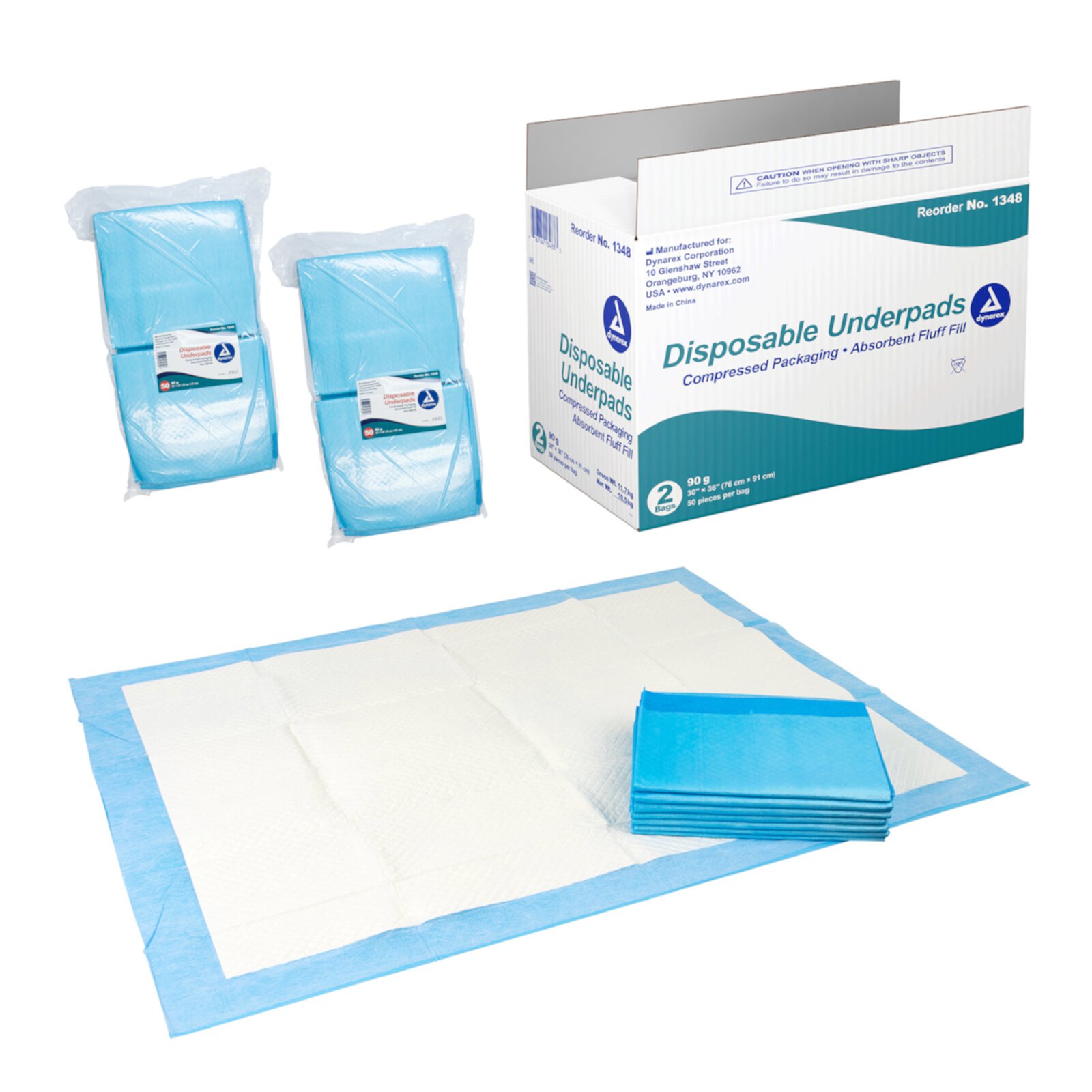 Dynarex Disposable Underpad Heavy Absorbency Fluff / Polymer 30 X 36" 1348 100 pads Dynarex