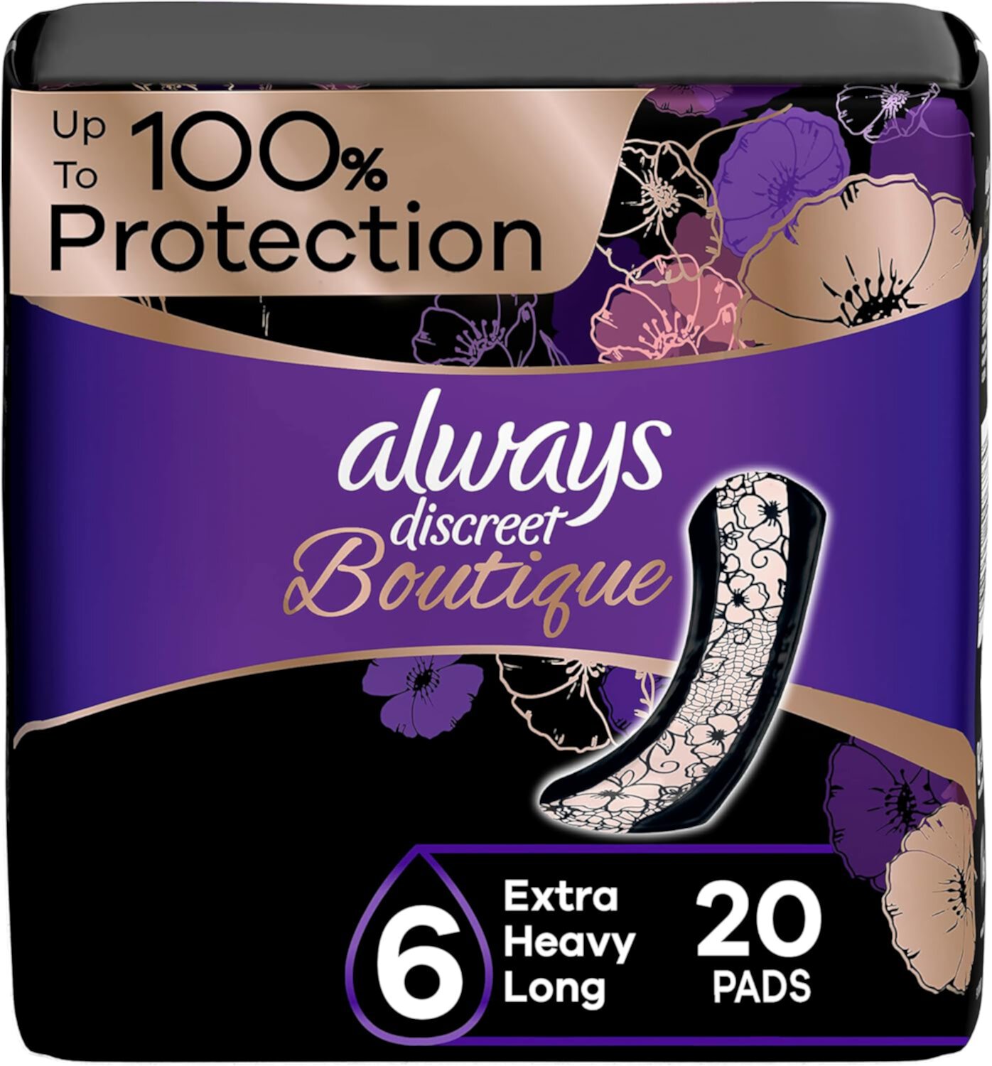 Always Discreet Boutique Incontinence Pads, Size 6, Extra Heavy Absorption, Long, 20 Pads Always Discreet