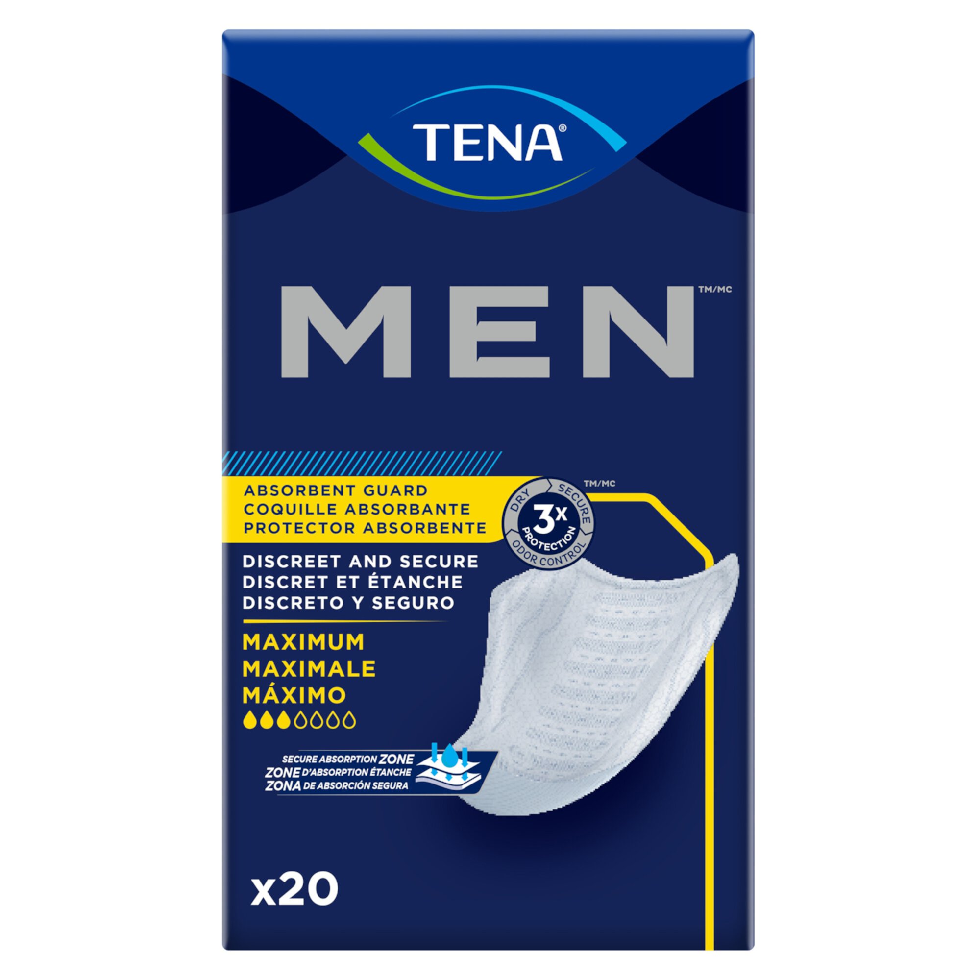 TENA Men Maximum Disposable -Absorbent Bladder Control Pad for Adults, 8 in., 20 Count, 6 Packs, 120 Total Tena