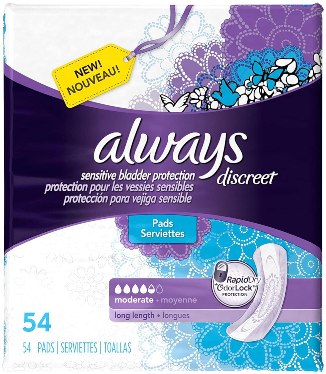 Always Discreet Moderate Long Incontinence Pads, Up to 100% Leak-Free Protection, 54 Count (Packaging May Vary) Always Discreet