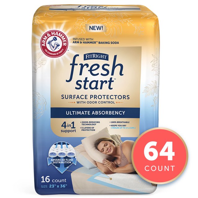 FitRight Fresh Start Disposable Underpads 23" x 36" (64 Count) Bed Pads for Incontinence, Ultimate Absorbency FitRight