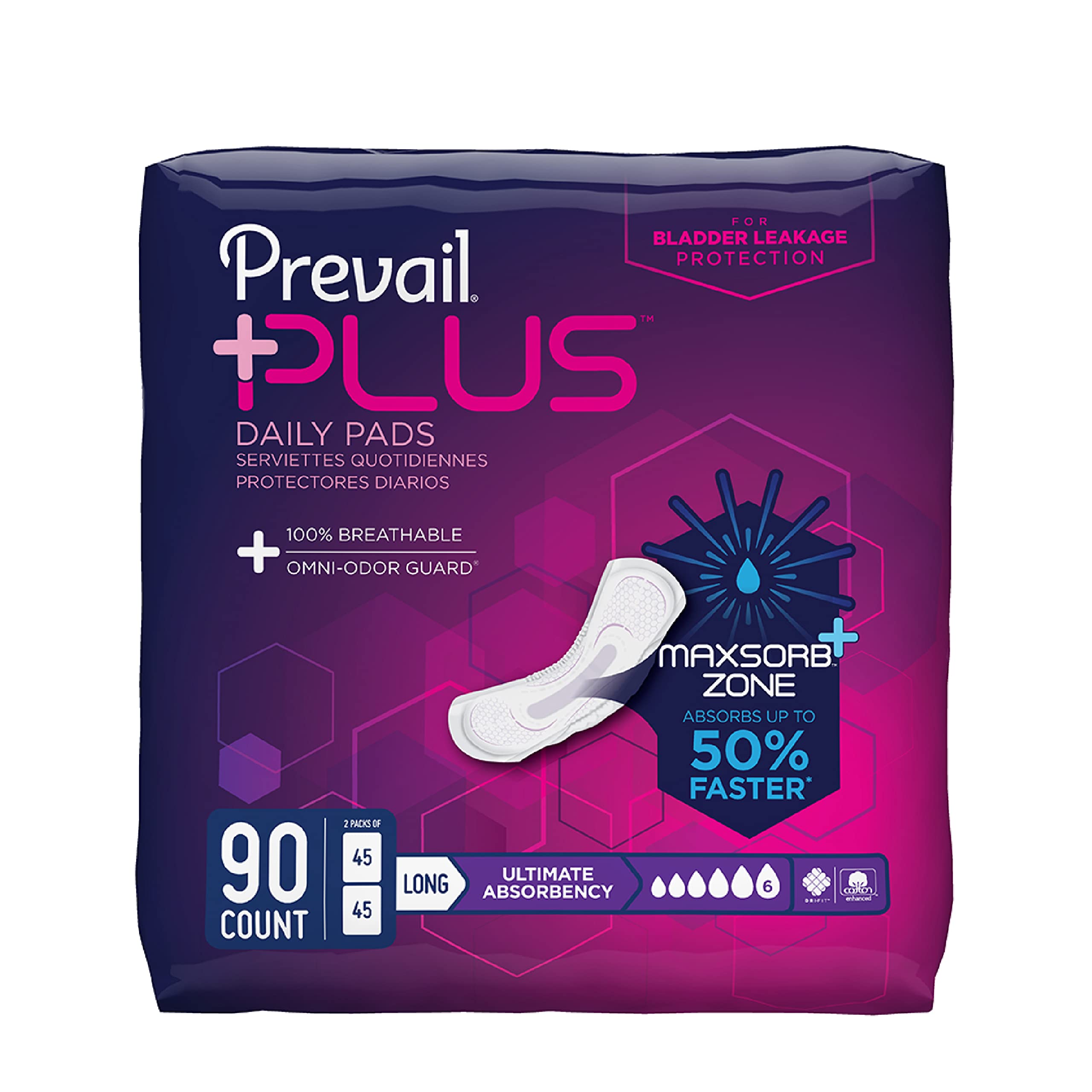 Prevail Plus | Long Length Incontinence Bladder Control Pads | Ultimate Absorbency | 90 Count (2 packs or 45) Prevail