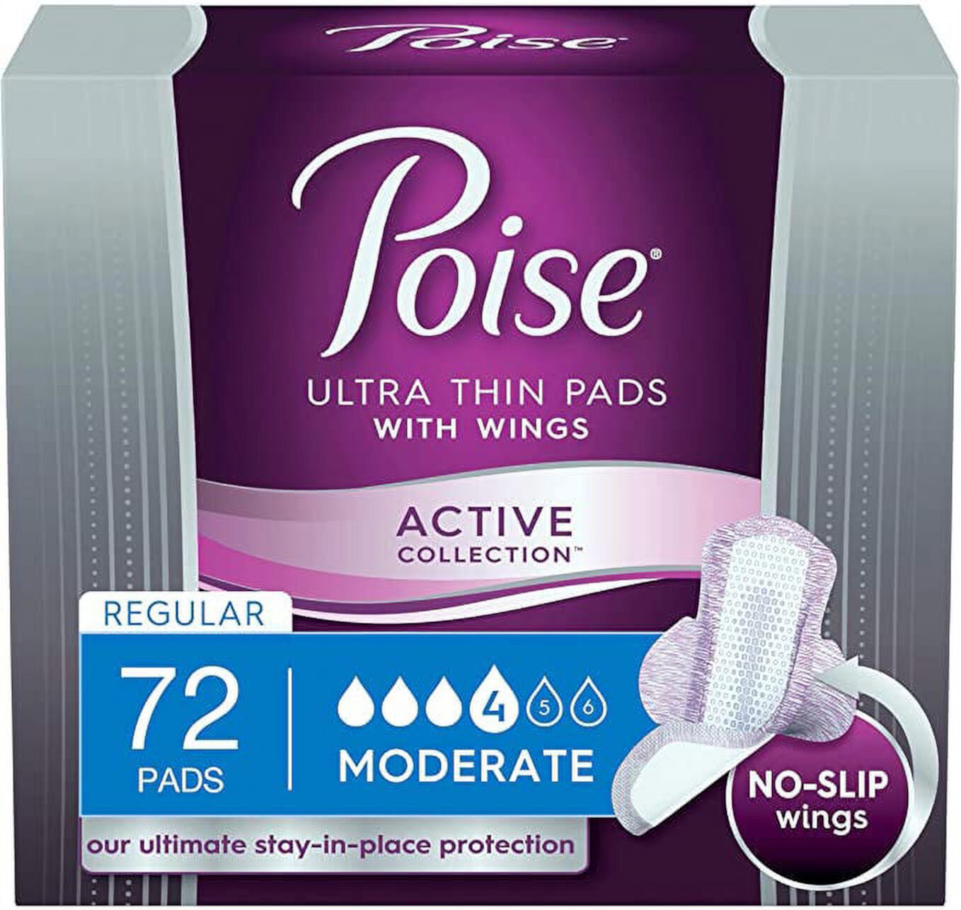 Poise Ultra Thin Incontinence Pads with Wings, Active Collection, Moderate Absorbency, 72 Count (4 Packs of 18) (Packaging May Vary) Visit the Poise Store