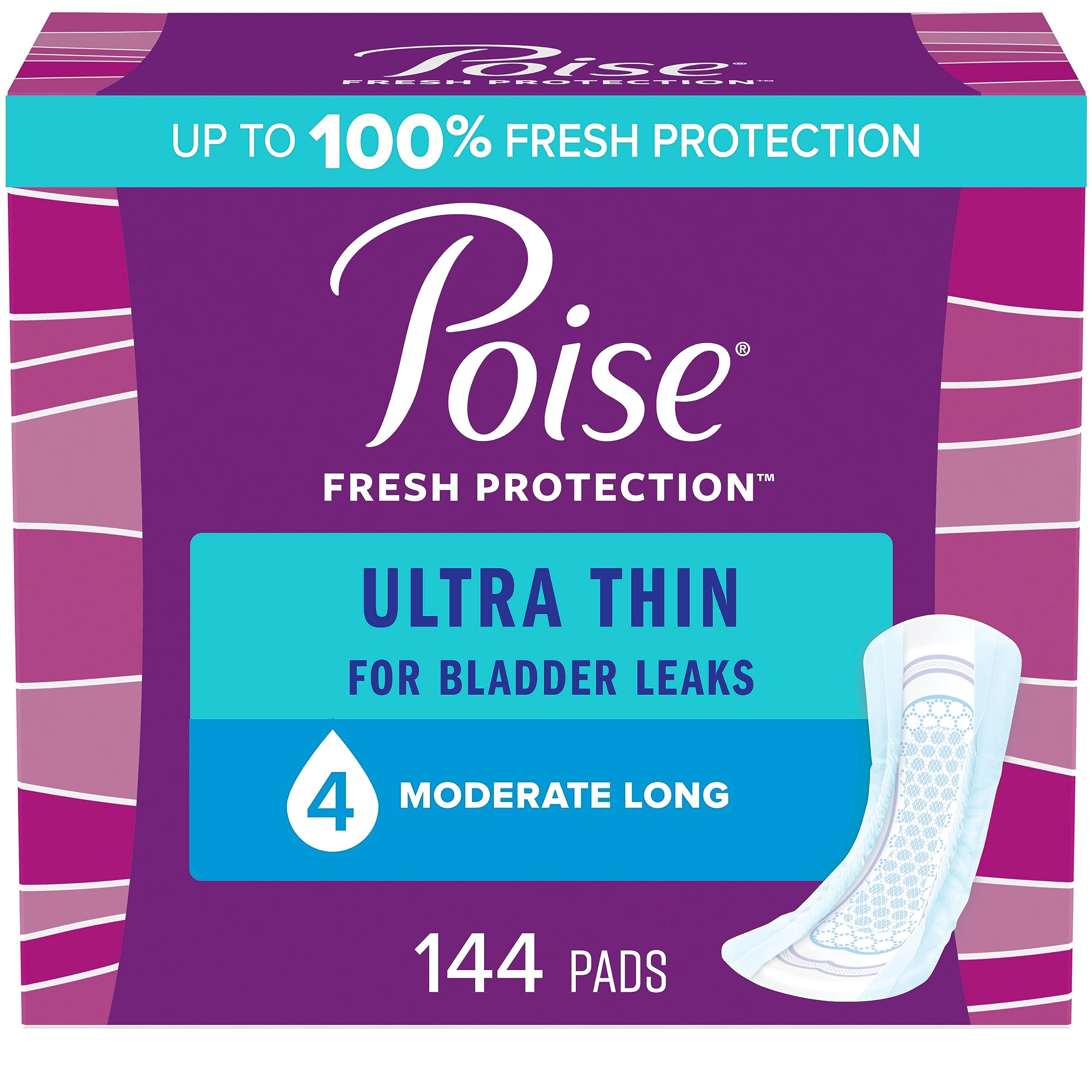 Poise Ultra Thin Incontinence Pads & Postpartum Incontinence Pads, 4 Drop Moderate Absorbency, Long Length, 144 Count (3 Packs of 48), Packaging May Vary Visit the Poise Store