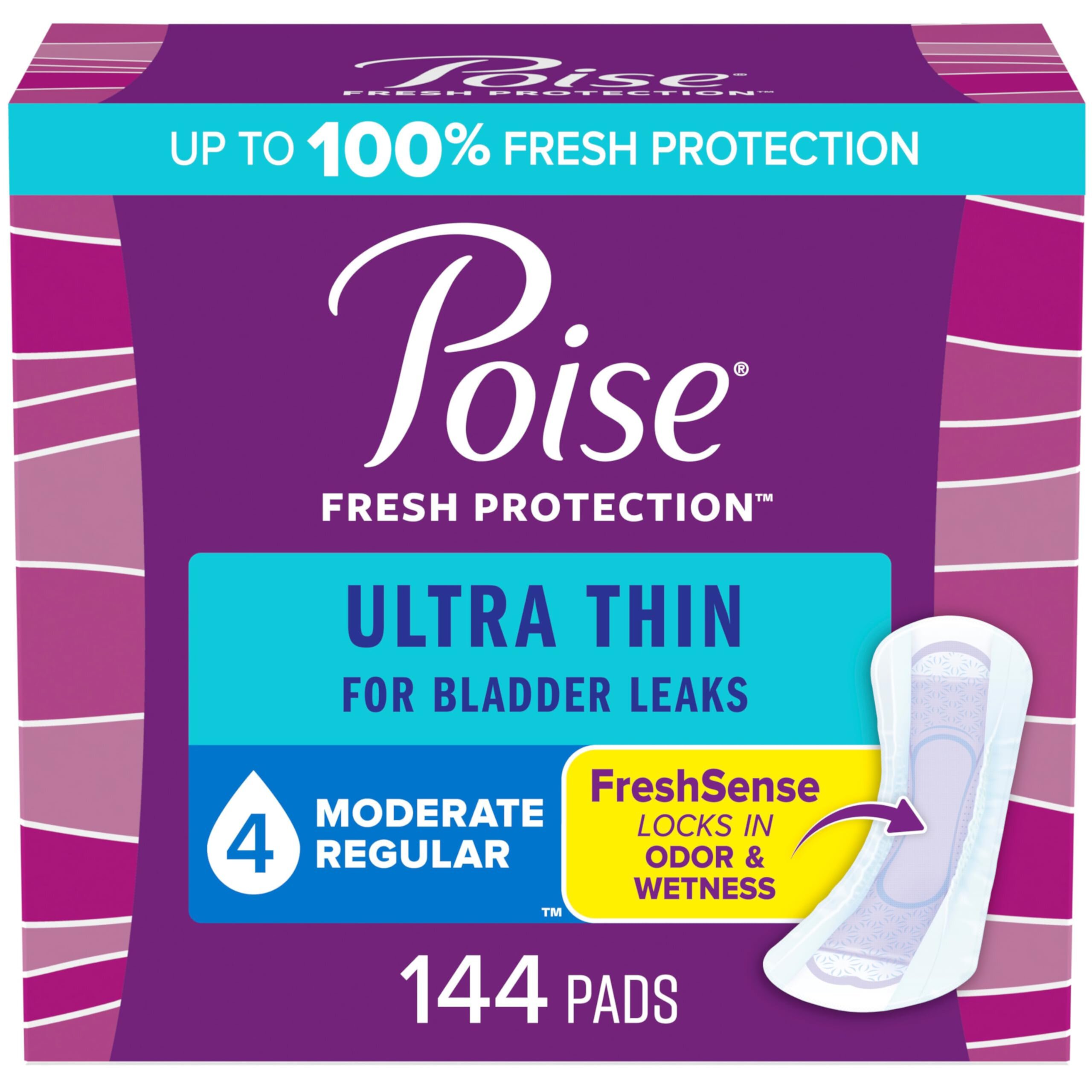 Poise Ultra Thin Incontinence Pads & Postpartum Incontinence Pads, 4 Drop Moderate Absorbency, Regular Length, 144 Count (3 Packs of 48), Packaging May Vary Visit the Poise Store