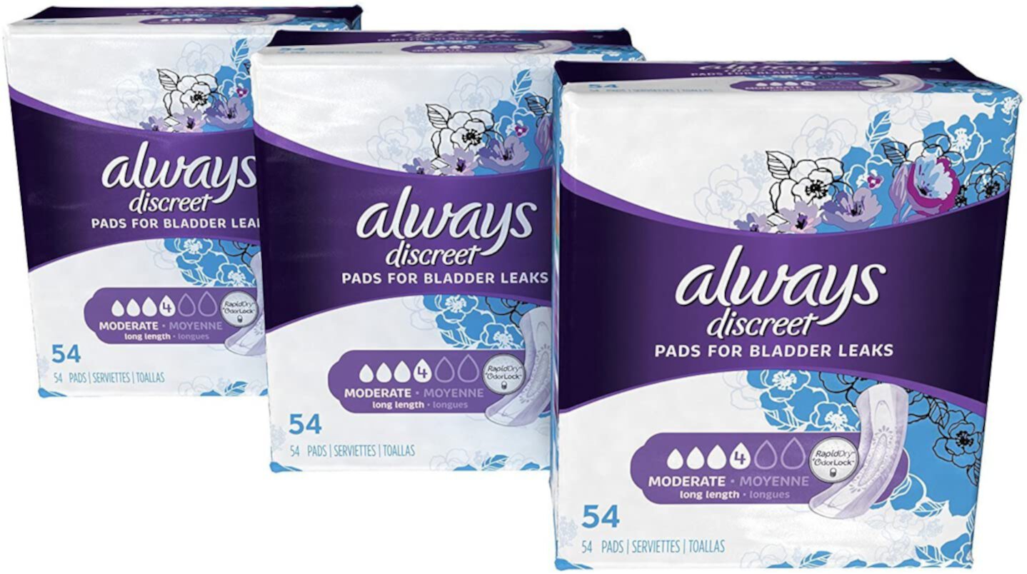 Always Discreet Incontinence & Postpartum Incontinence Pads for Women, 162 Count, Moderate Absorbency, Long Length (54 Count, Pack of 3 - 162 Count Total) Always Discreet