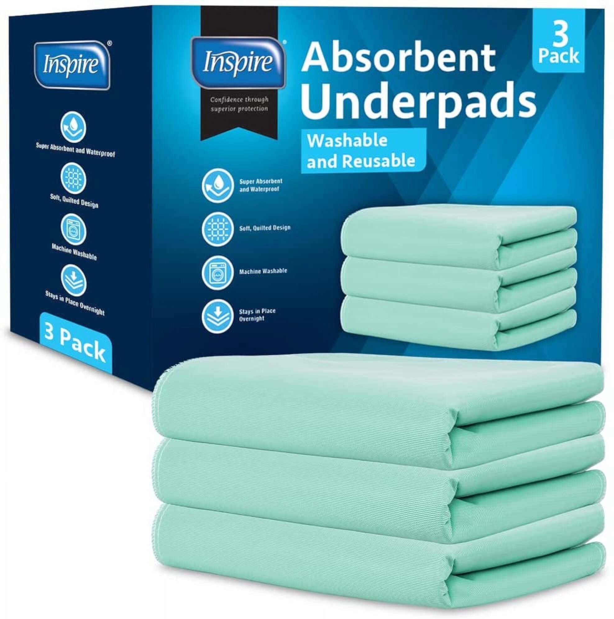 Inspire Washable and Reusable Incontinence Bed Pads 3 Pack Waterproof Mattress Pad Chux Pads (24"x 36'') Inspire