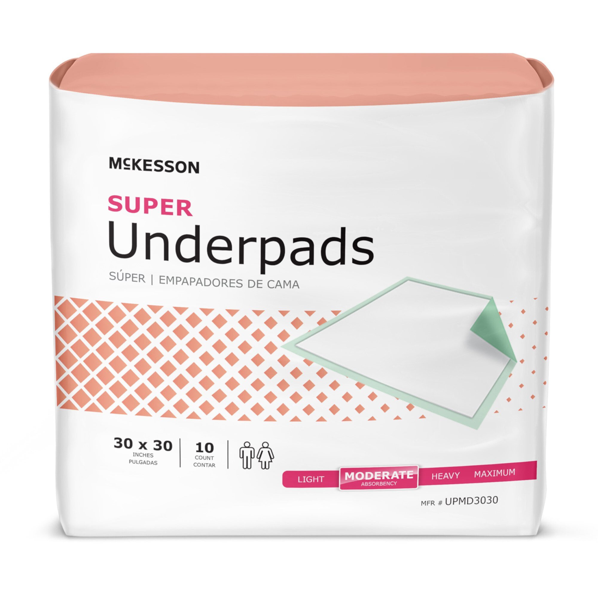 McKesson Super Underpads, Incontinence Bed Pads, Moderate Absorbency, 30 in x 30 in, 10 Ct Mckesson