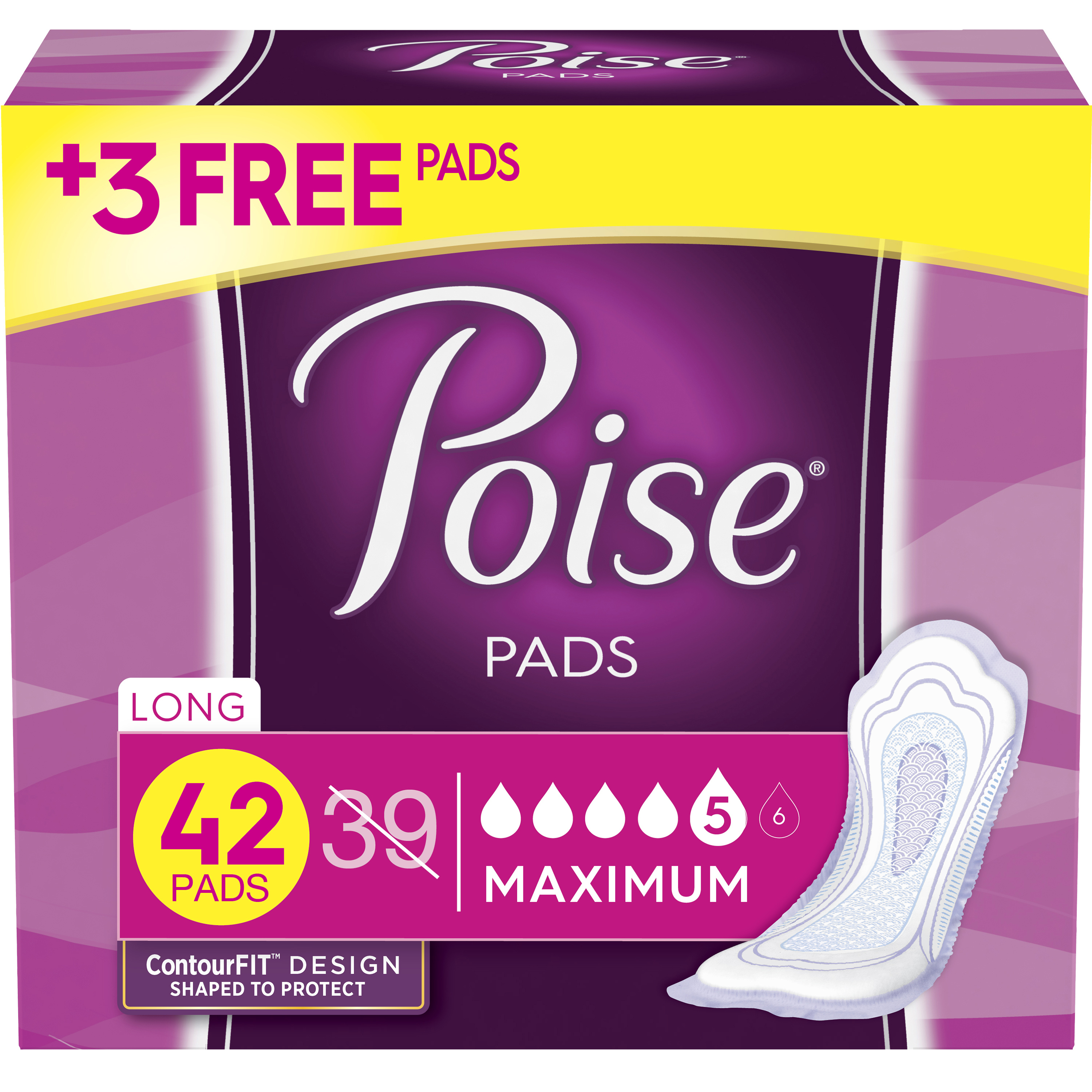 Poise Incontinence Pads for Women, Maximum Absorbency, Long, 42 Ct Poise